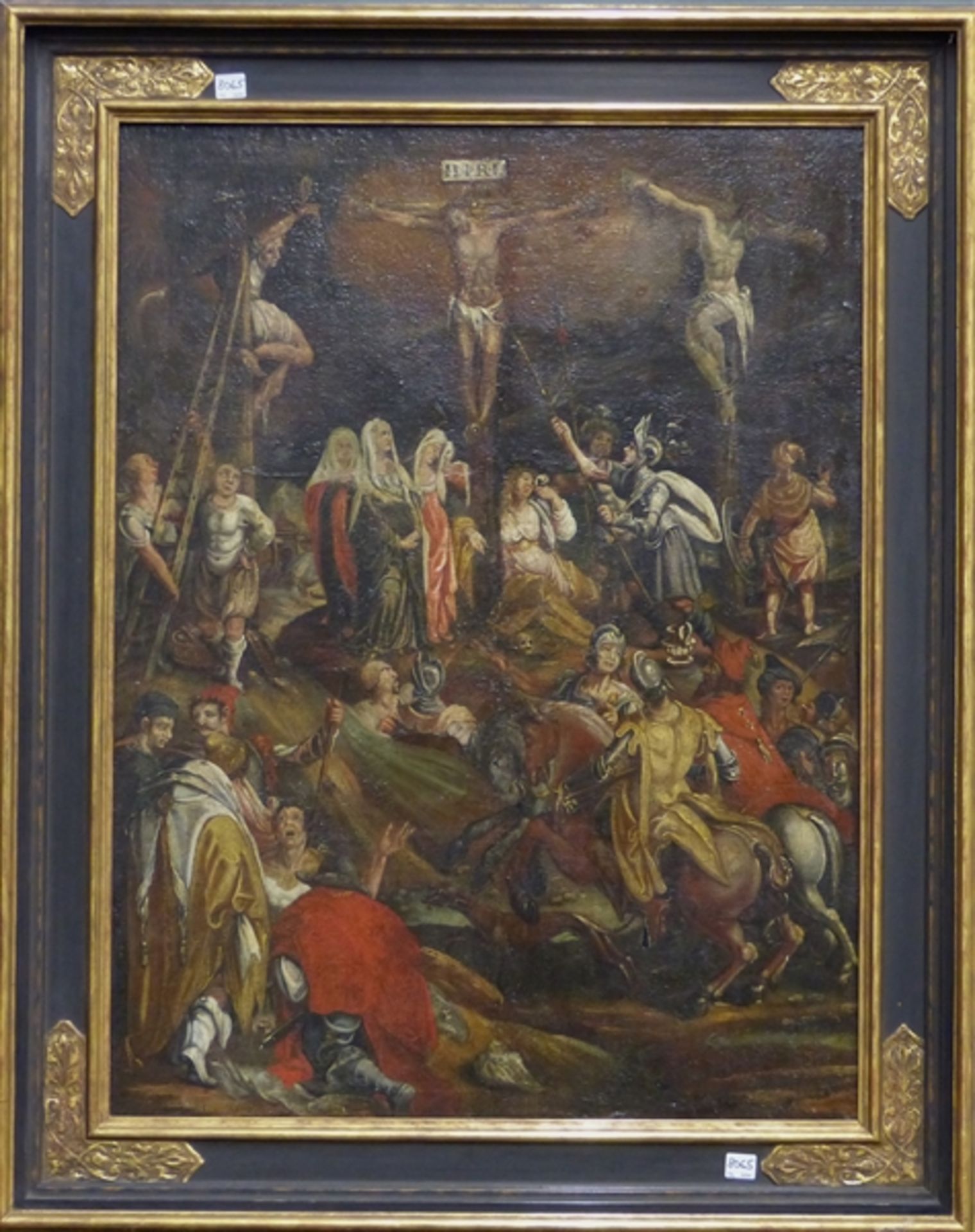 Heiligendarstellung, 17. Jh. Öl auf Leinen auf Holz, Darstellung des Kalvarienbergs mit den 3
