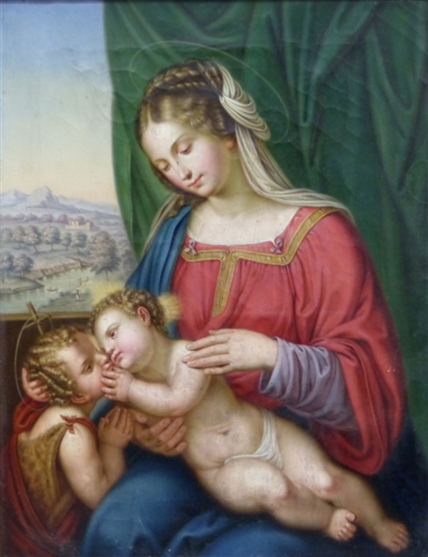 Deutsch, 19. Jh. Öl auf Leinen, Darstellung der Mutter Gottes mit Jesuskind und Johannes dem Täufer,
