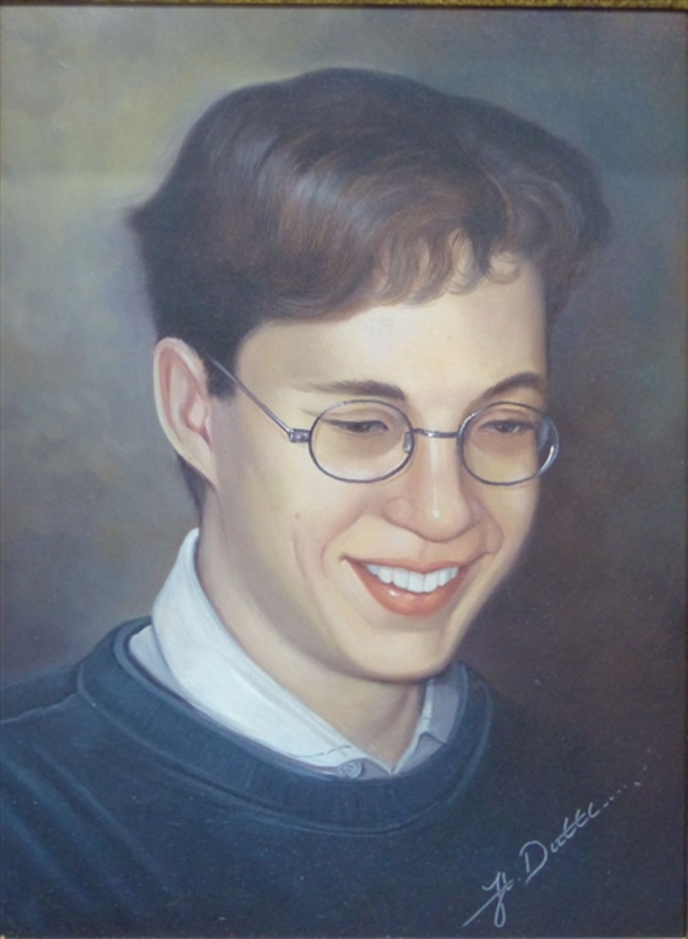 Duttler, Herbert 1948 Augsburg, Öl auf Holz, Porträt eines lächelnden Jungen mit Brille, rechts