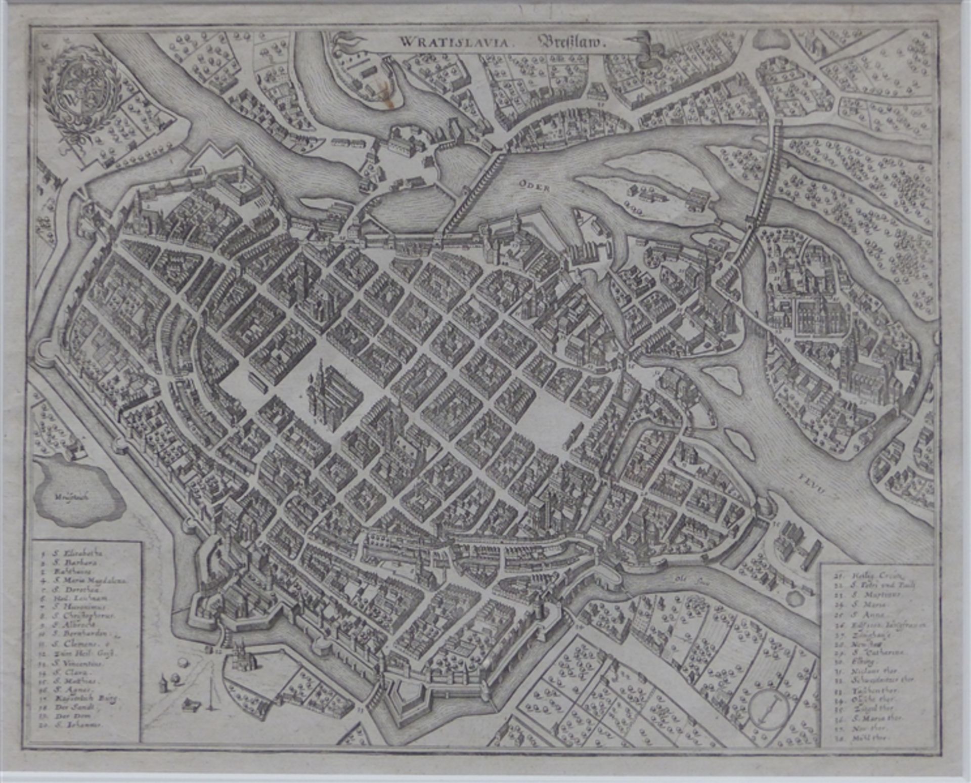 Kupferstich Vogelschau der Stadt Breslau, mit Plan, 18./19. Jh., 30 x 38 cm, im Rahmen,