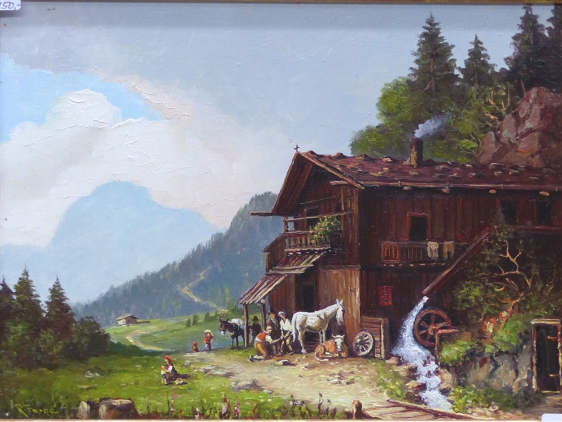 München, 20. Jh. Öl auf Holz, Bergbauernhof mit Personen und Tieren, links unten signiert, 18 x 24