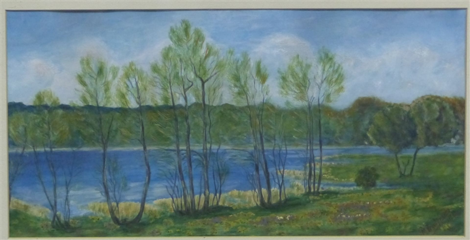 Vogelsang, M. Aquarell auf Papier, Ausschnitt einer Flusslandschaft mit Bäumen, rechts unten