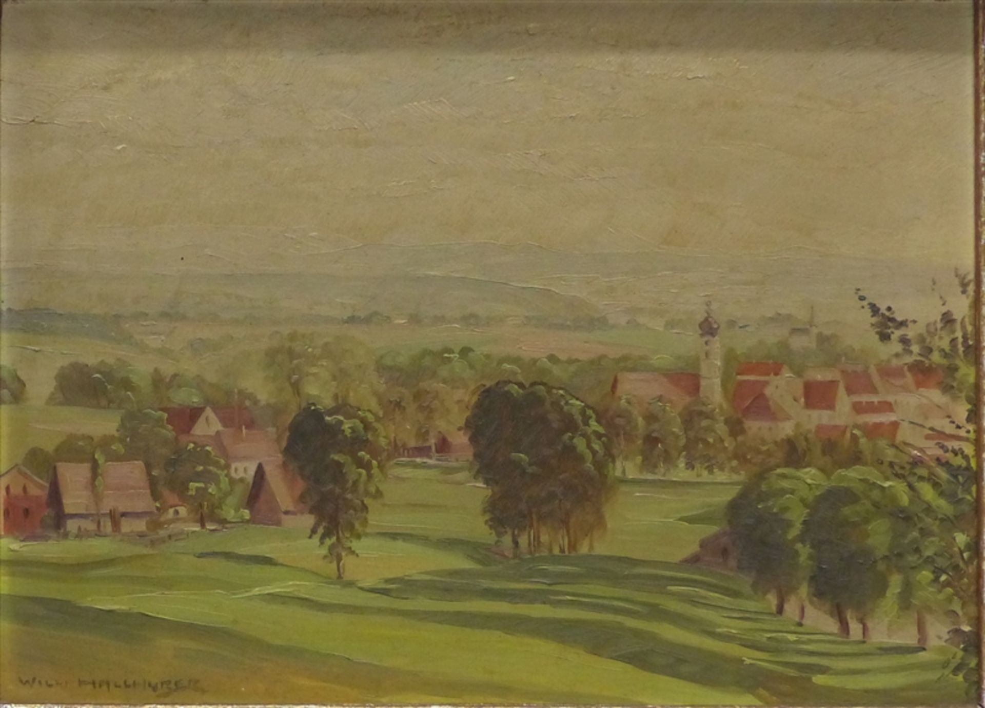 Hallhuber, Willi 1910 - 1979, Öl auf Malerpappe, Blick vom Ziegelstadelberg nach Rottalmünster,