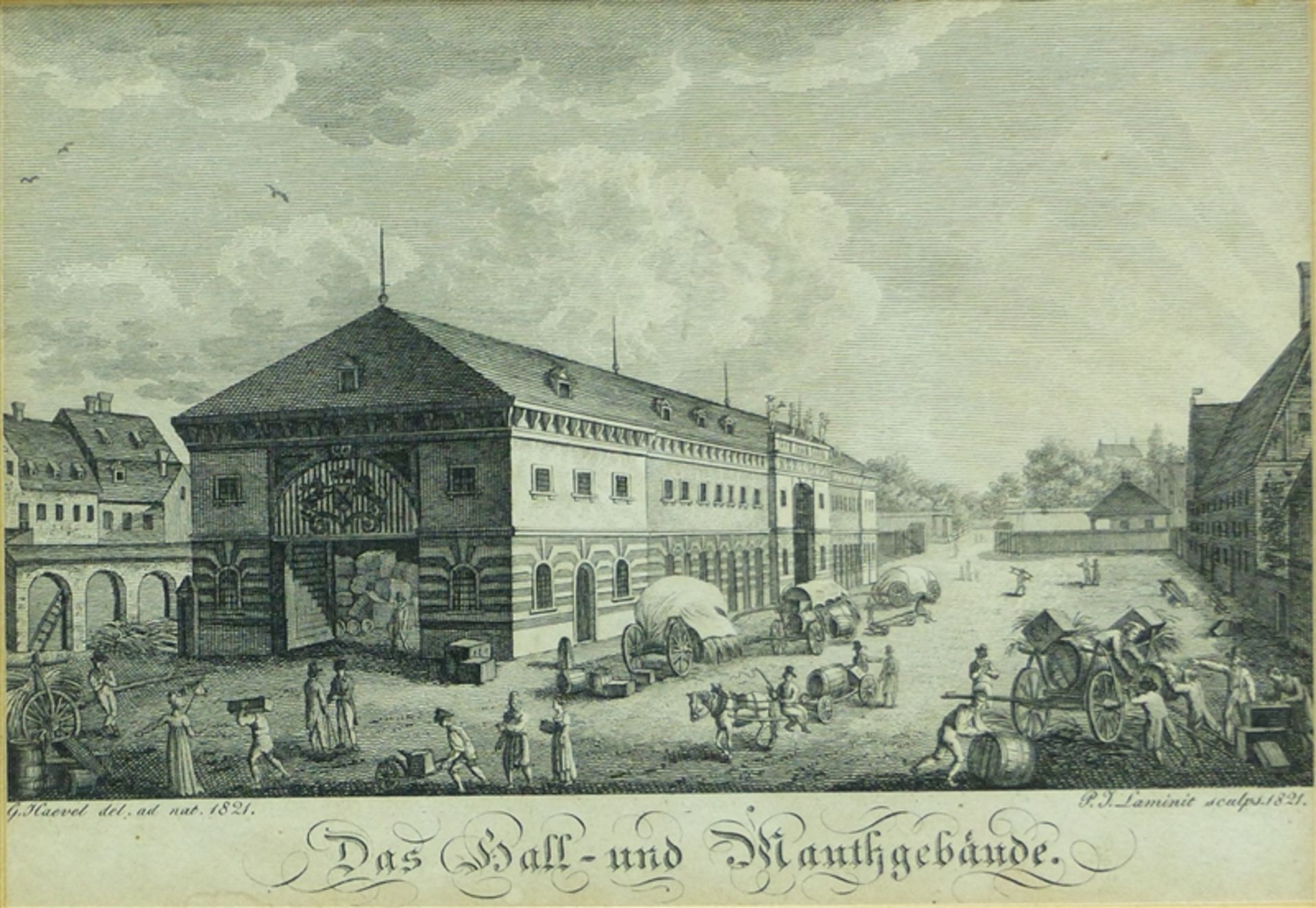 Kupfestich, 18. Jh. Das Hall- und Mauthgebäude, gestochen von P.J. Laminit, 10,5 x 14,5 cm, im