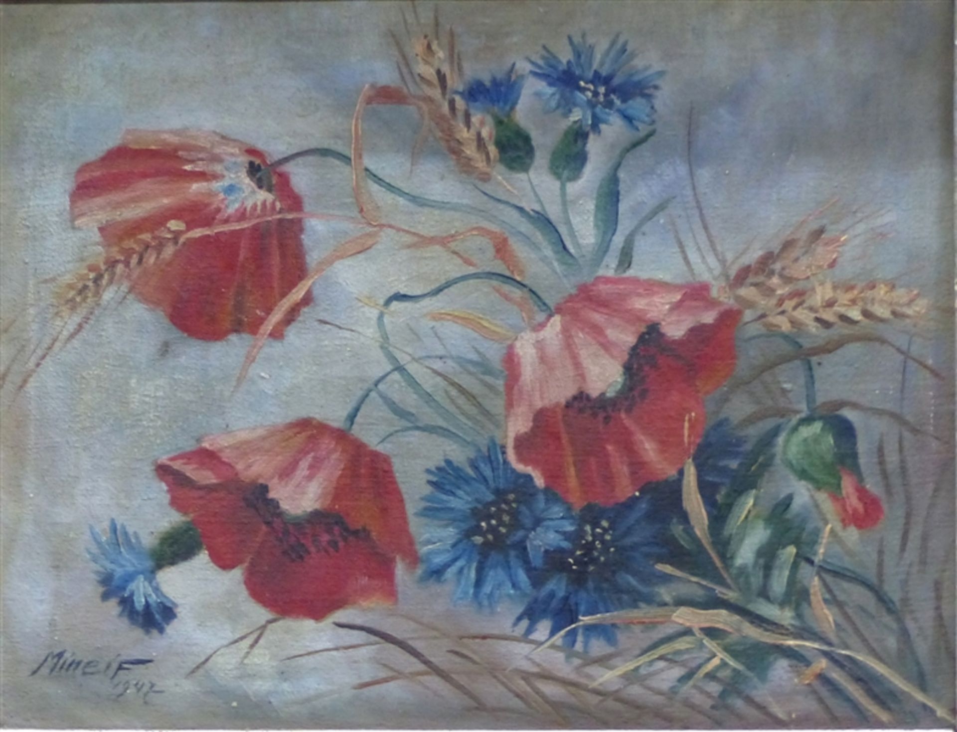 Minei, Franco 1922 Italien, Öl auf Leinen, Mohn- und Kornblumen, links unten signiert und datiert (