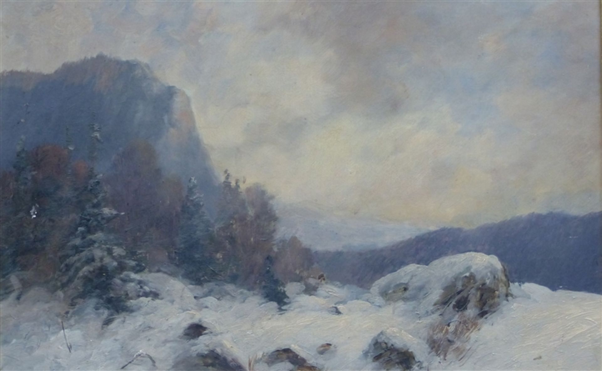 Landschaftsmalerei, 20. Jh. Öl auf Malerpappe, Winterliche Berglandschaft, minimale