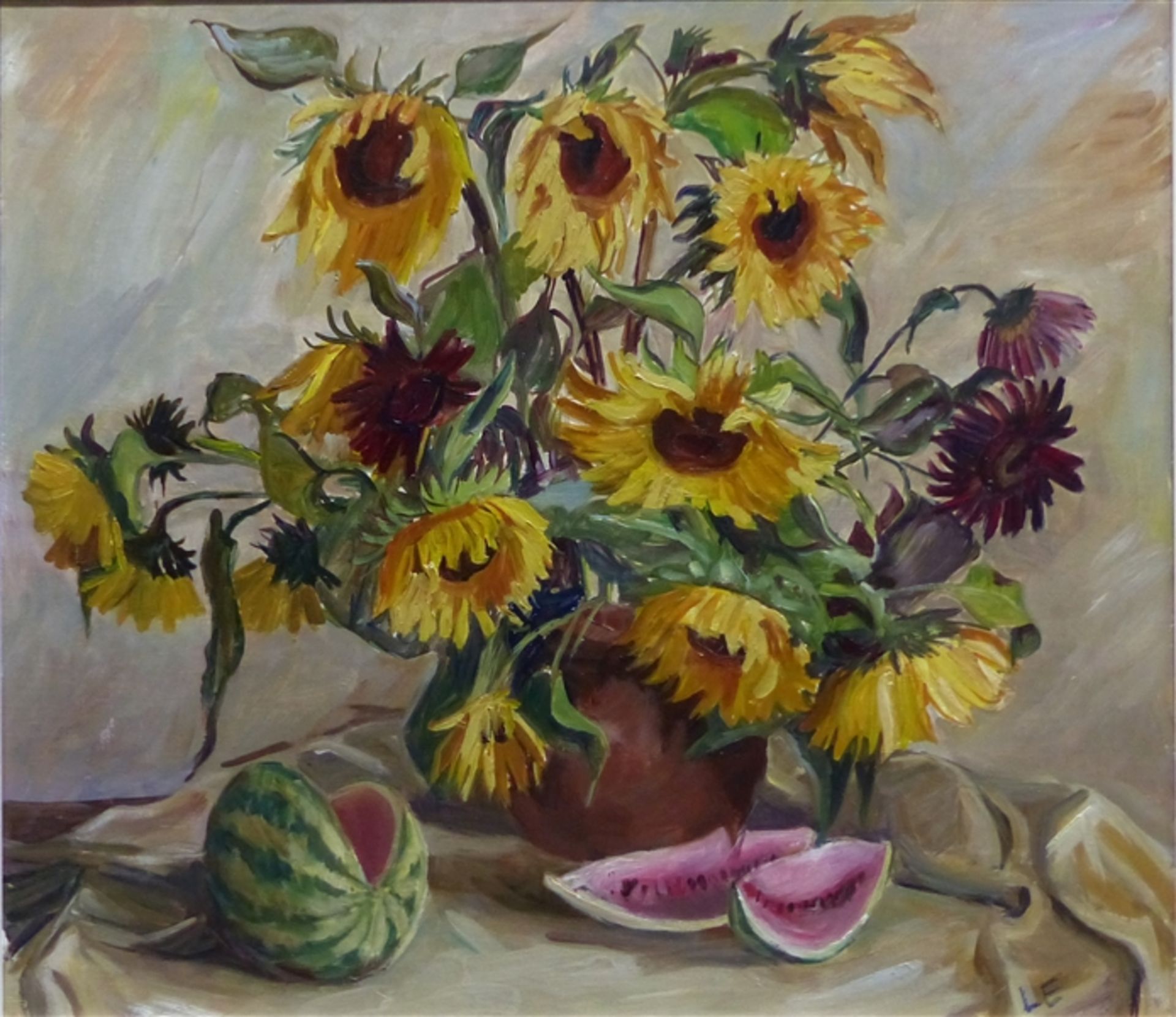 Lettl, Wolfgang 1919 - 2008 Augsburg, Öl auf Leinwand, Stillleben mit Sonnenblumenstrauß und Melone,