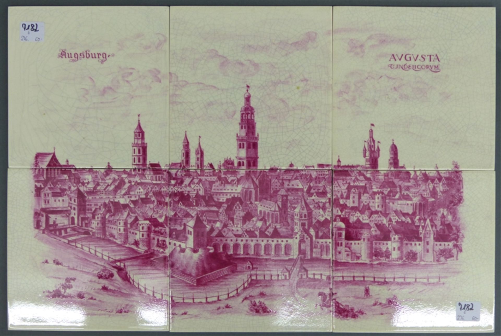 Kachelbild 6 Keramikkacheln, alte Augsburger Ansicht, Fa. Hauptmann, Altrohlau, neuzeitlich, je 15 x