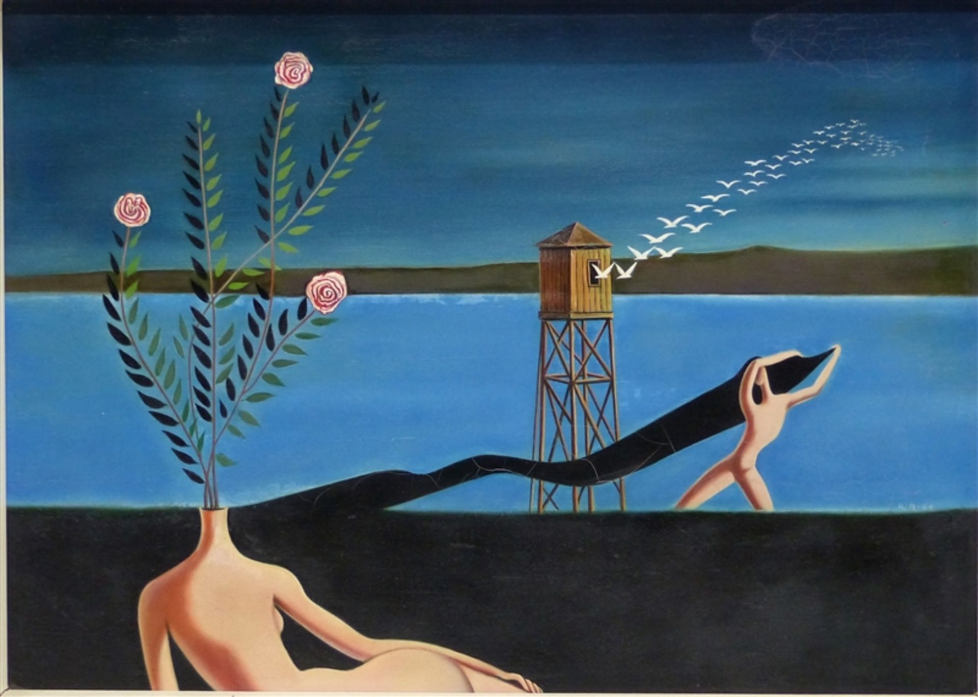 Böck, Rolf 20. Jh., Öl auf Malerpappe, Surreales Motiv, "Umzug ins Vergessen", 1964, 24,5 x 33,5 cm,