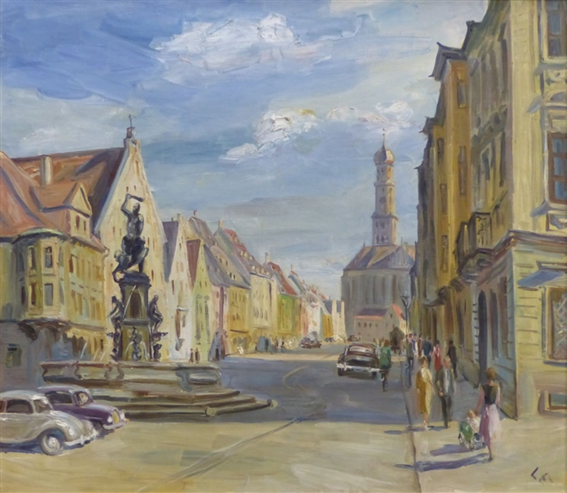 Lettl, Wolfgang 1919 - 2008 Augsburg, Öl auf Leinwand, Ansicht der Augsburger Maximilianstraße mit