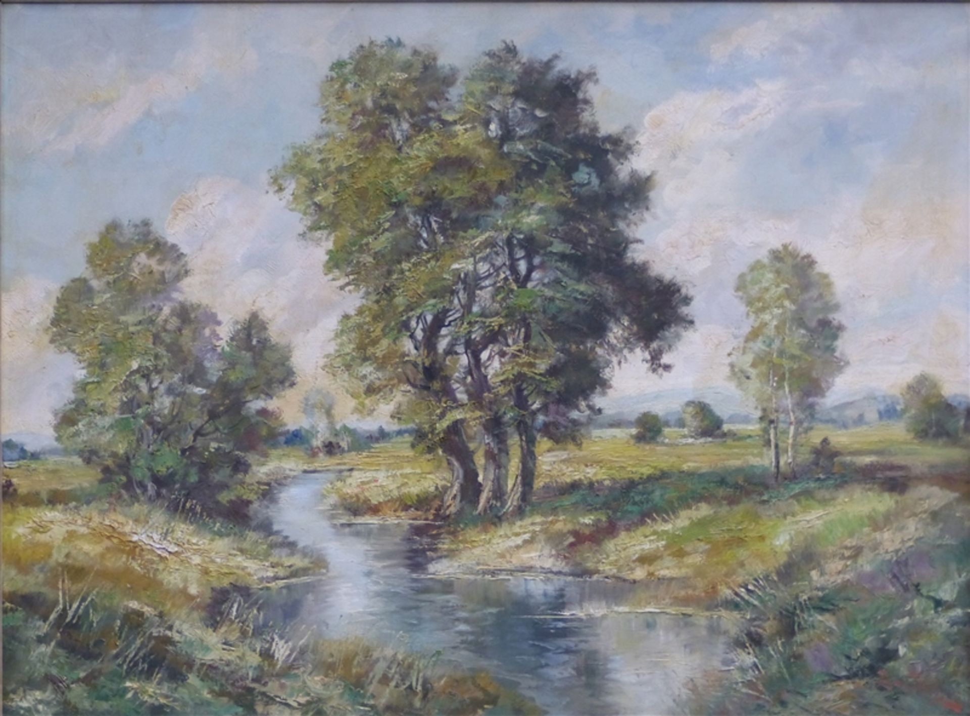 Hopf, 20. Jh. Öl auf Leinwand, Flusslandschaft, rechts unten signiert, 61 x 80 cm, im Rahmen,