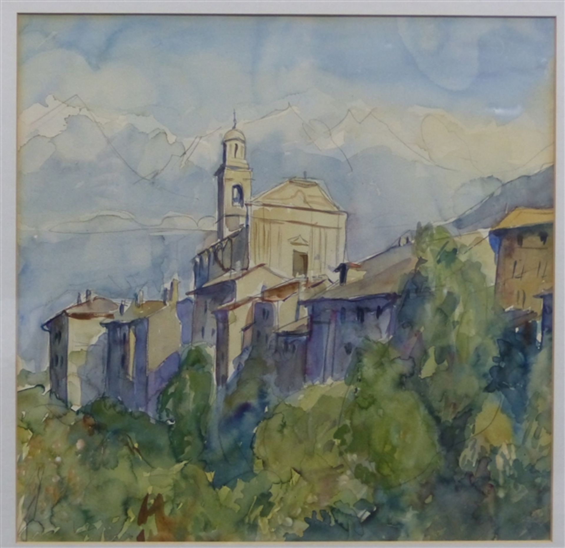 Lettl, Wolfgang, zugeschrieben 1919 - 2008 Augsburg, Aquarell auf Papier, Dorfansicht mit Gebirge in