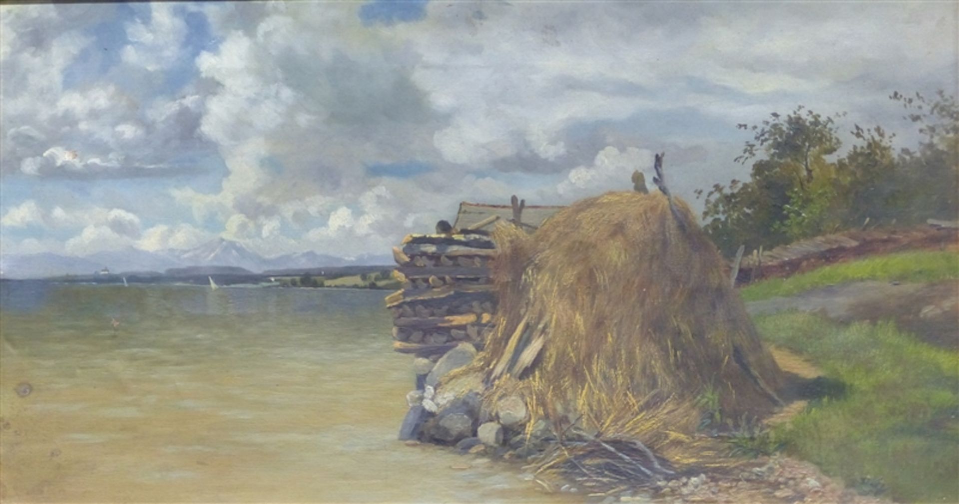 Landschaftsmaler, 20. Jh. Öl auf Leinen, Seelandschaft mit Heugarbe im Vordergrund, rechts unten
