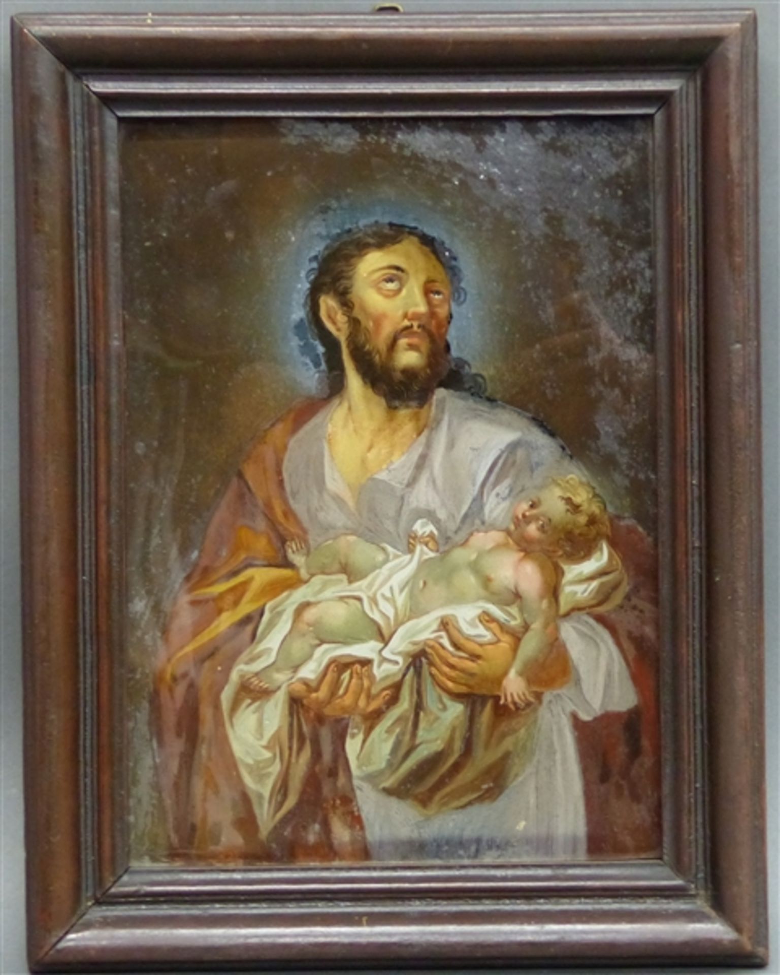 Hinterglasbild Süddeutschland, um 1800, Hl. Joseph mit Jesuskind, teilweise beschädigt, 27 x 19