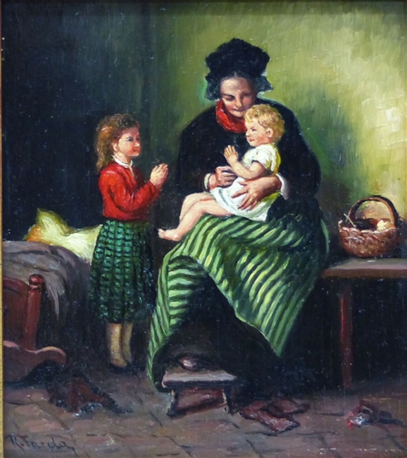 Farda, R. Öl auf Holz, Interieur mit Mutter und Kindern, links unten signiert, 20. Jh., 19 x 17