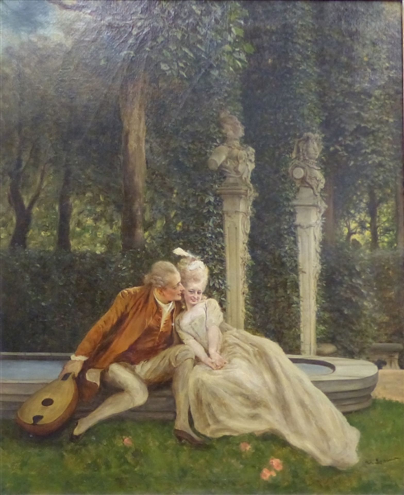 Lossow, Heinrich 1843 München - 1897 Schleißheim, Öl auf Leinwand, "Galantes Paar, sitzend im Park",