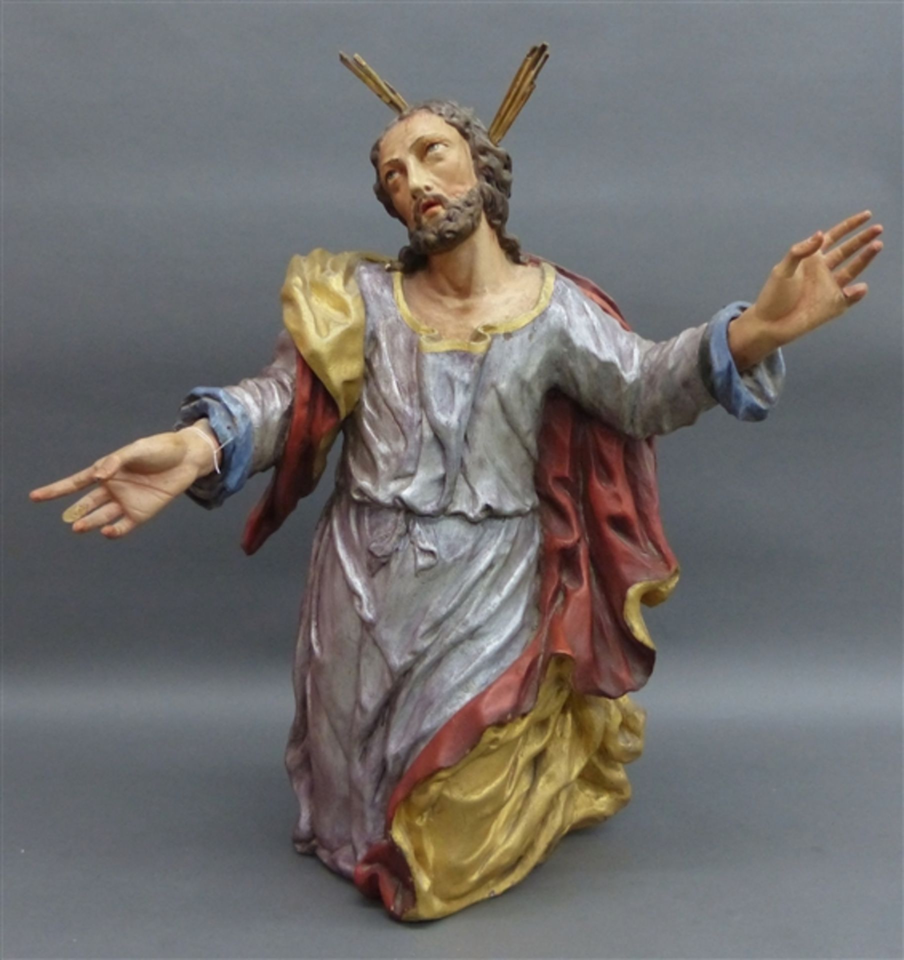 Holzskulptur, 18. Jh. Barock, kniender Jesus am Ölberg, gefasst, kleine Teile fehlen, Fassung