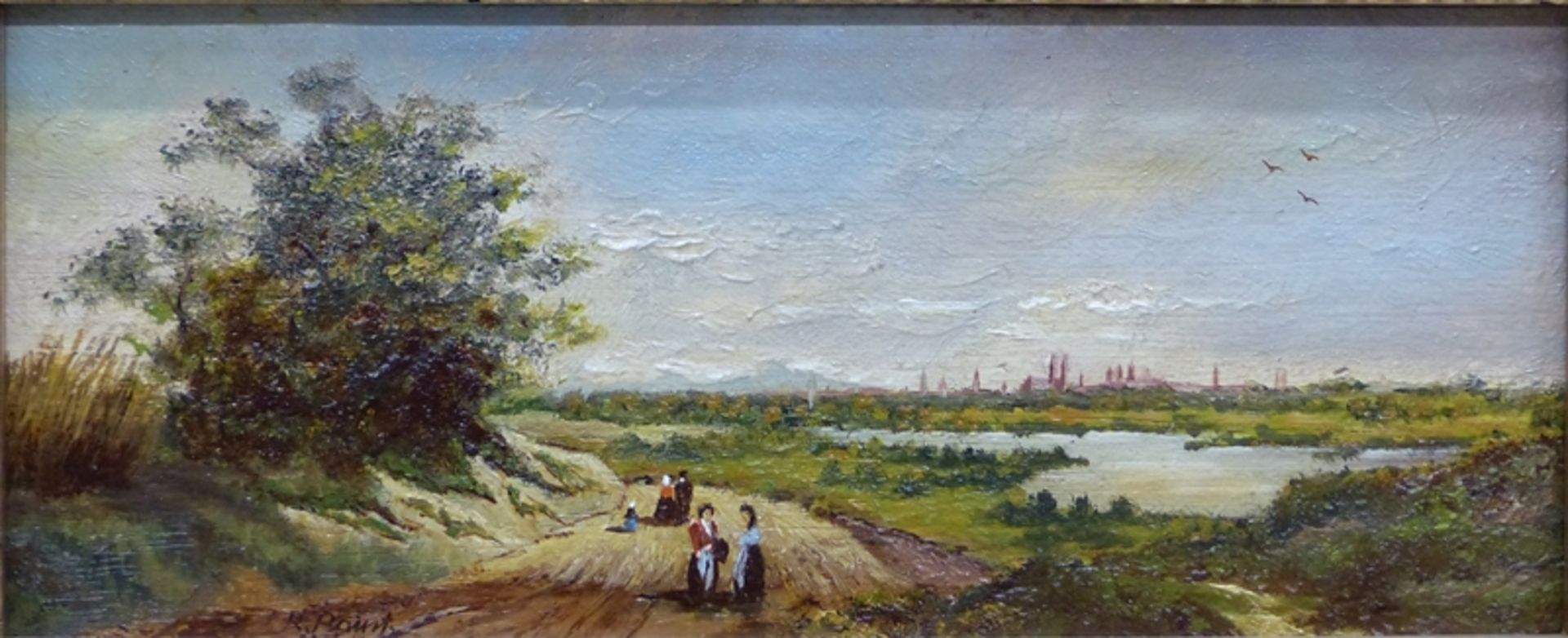 Point, Rudolf 1927 - 2015 Augsburg, Sommerliche Flusslandschaft mit Spaziergängern und Stadt im