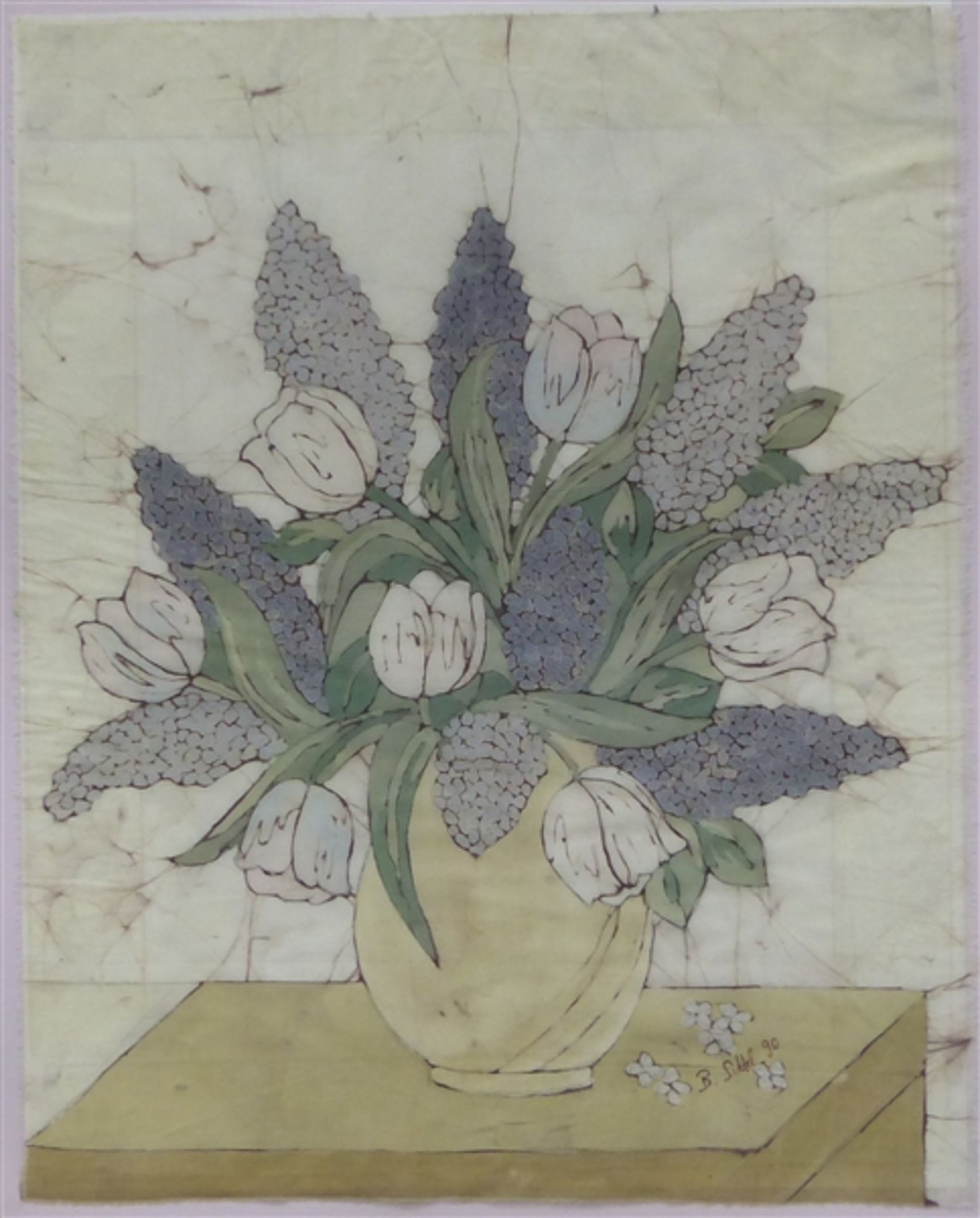 Seidenmalerei Stilleben mit Blumenvase, rechts unten signiert: B. Sittel (19)90, 52 x 42 cm, im