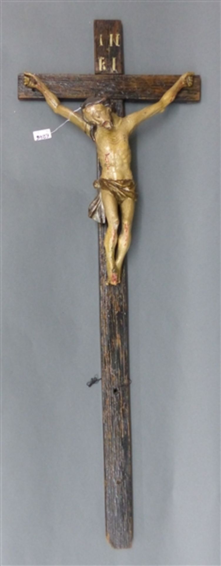 Kruzifix Holz, Süddeutsch, 18. Jh., Fassung und Kreuz später, Korpushöhe 37 cm, Gesamthöhe 92 cm,