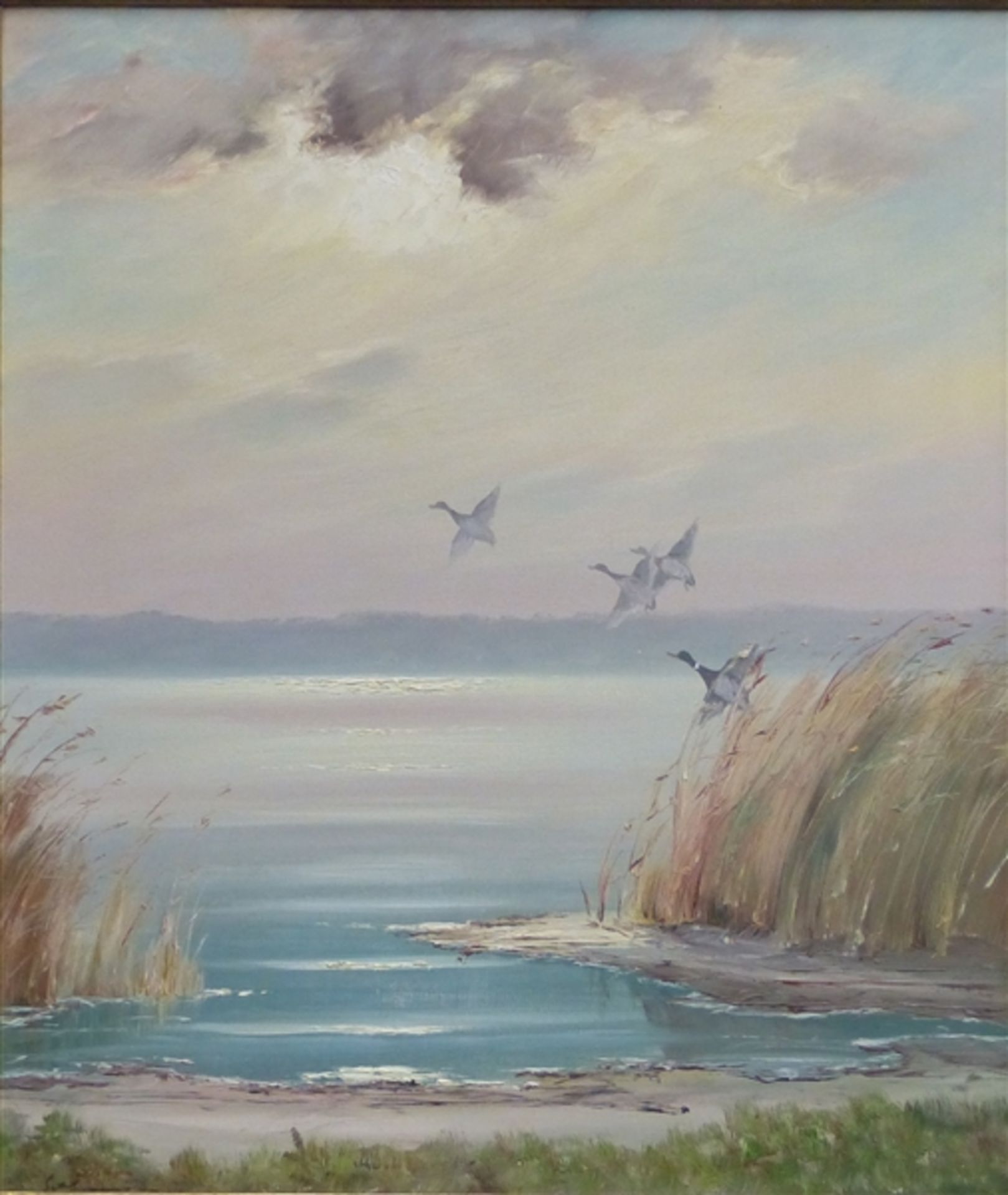 Schlünsen, Peter 20. Jh., Öl auf Leinwand, "Aufkommende Enten" am See, links unten signiert, 70 x 60
