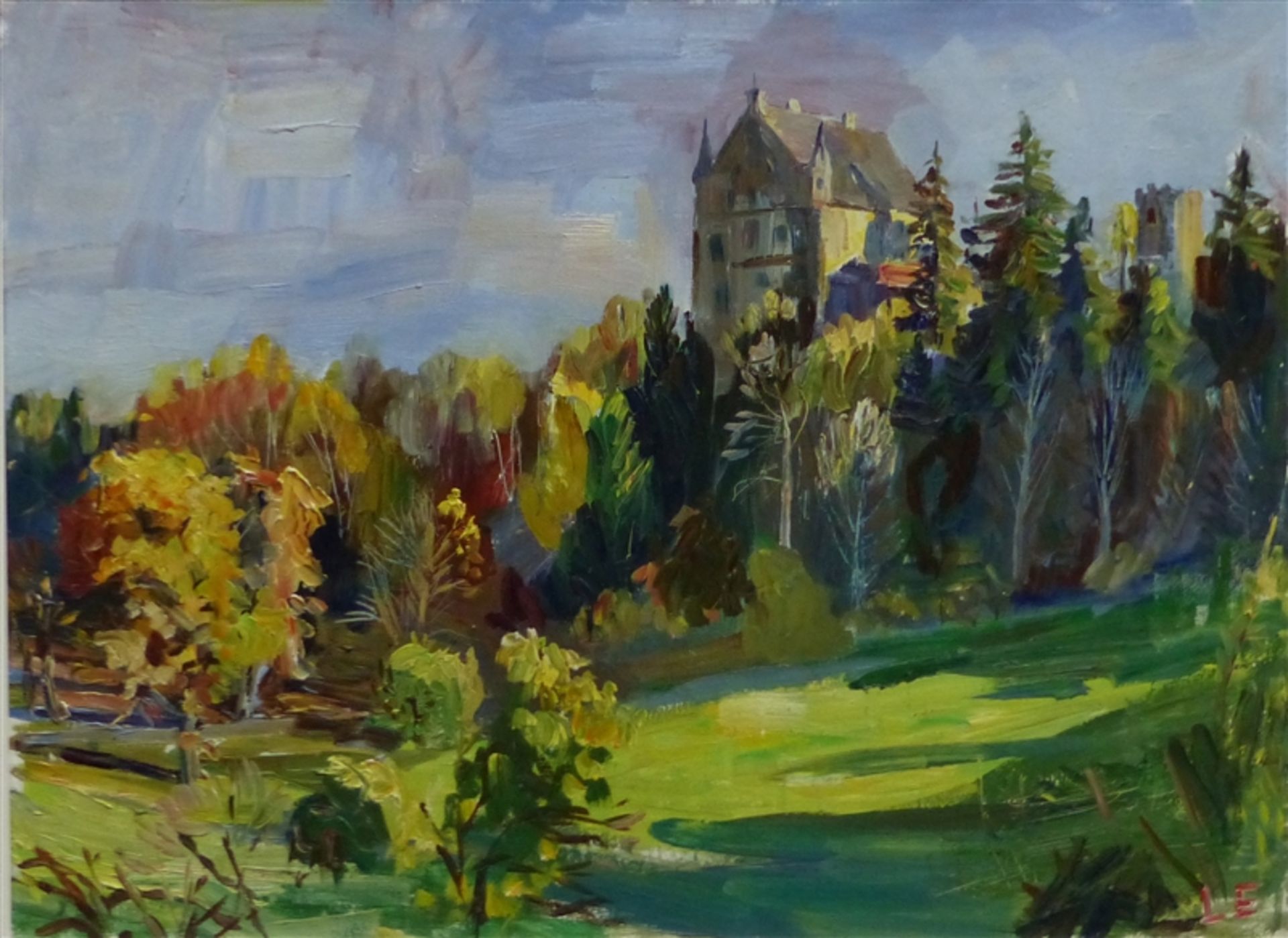 Lettl, Wolfgang 1919 - 2008 Augsburg, Öl auf Leinwand, Waldlandschaft mit Burg, rechts unten