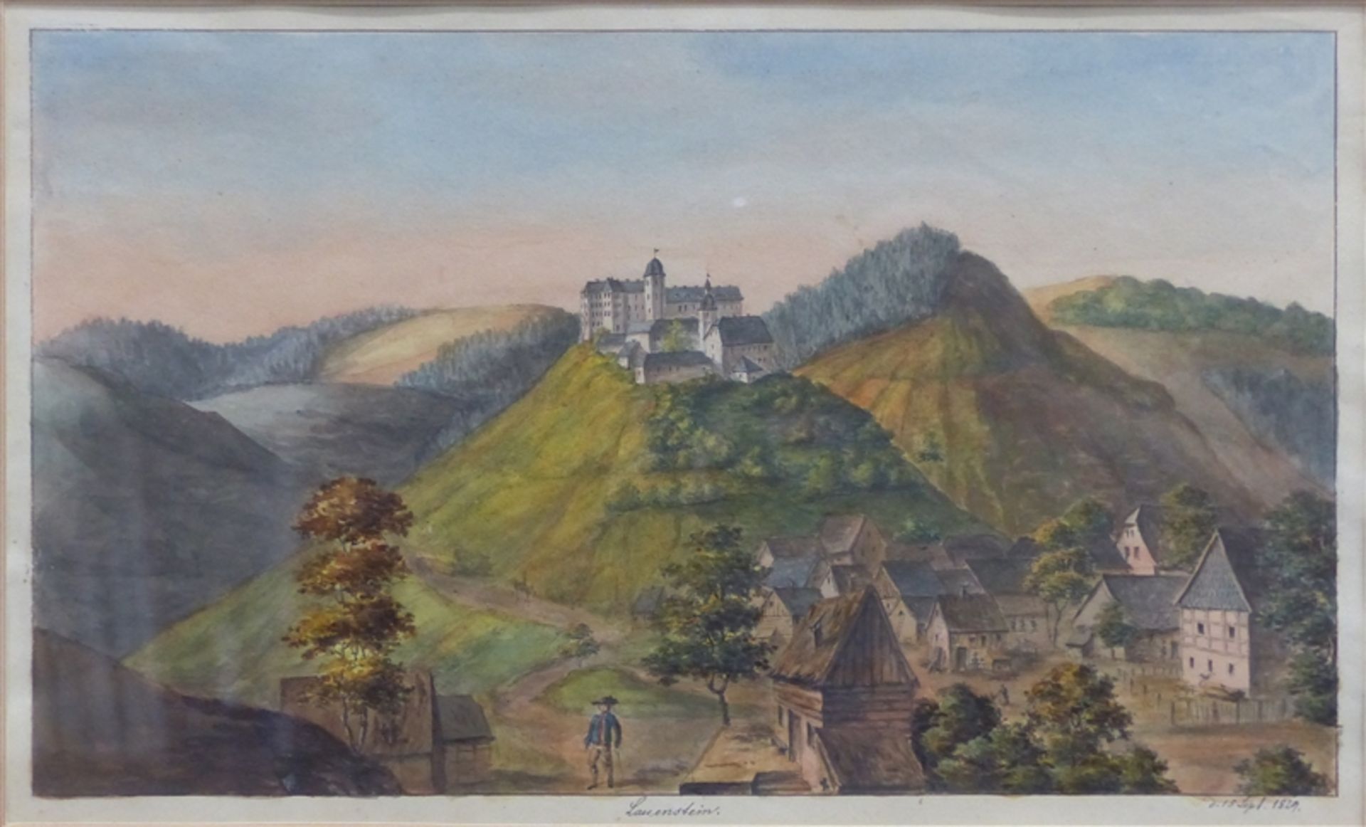 Deutsch, 19. Jh. Mischtechnik auf Papier, "Ansicht von Lauenstein", rechts unten datiert 1829, 19