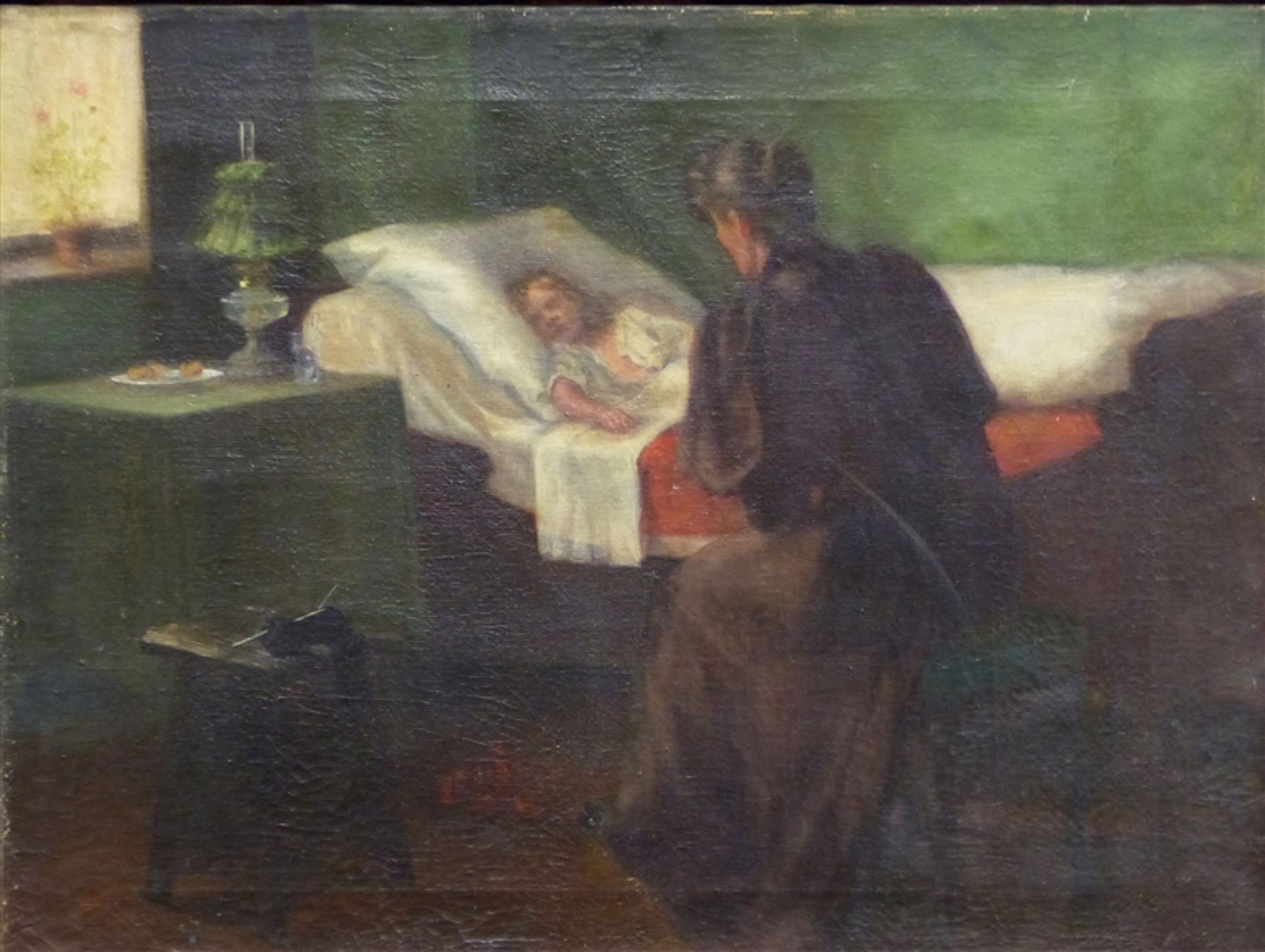 Deutsch, um 1900 Öl auf Leinwand, Interieurszene: "Mutter am Kinderbett", 62 x 81 cm, im Rahmen,