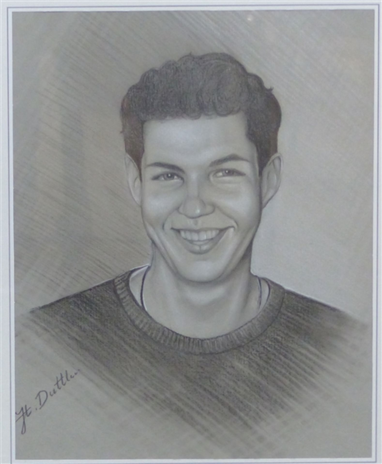 Duttler, Herbert 1948 Augsburg, Mischtechnik auf Papier, Porträt eines lächelnden Jungen, links