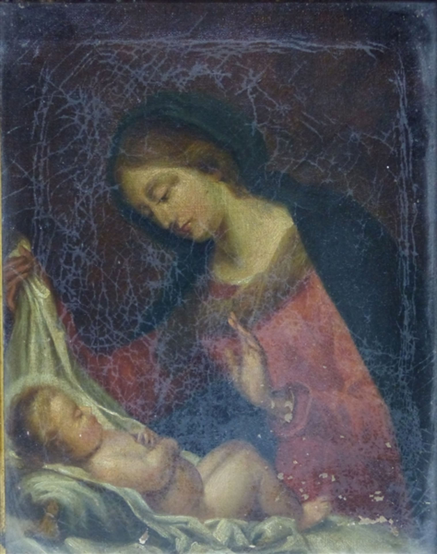 Heiligenmaler, 19. Jh. Öl auf Leinen, Mutter Gottes mit Jesuskind, Farbabplatzungen, 27 x 23 cm,