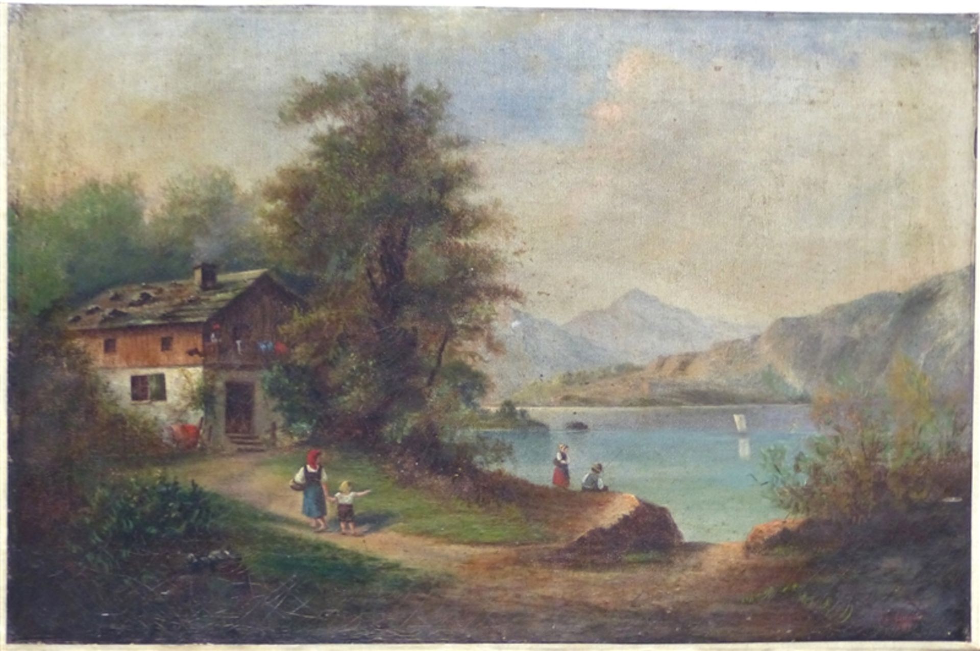 Loewe, E. Öl auf Leinen, doubliert, Landschaft am Zellersee, mit Spaziergängern, rechts unten