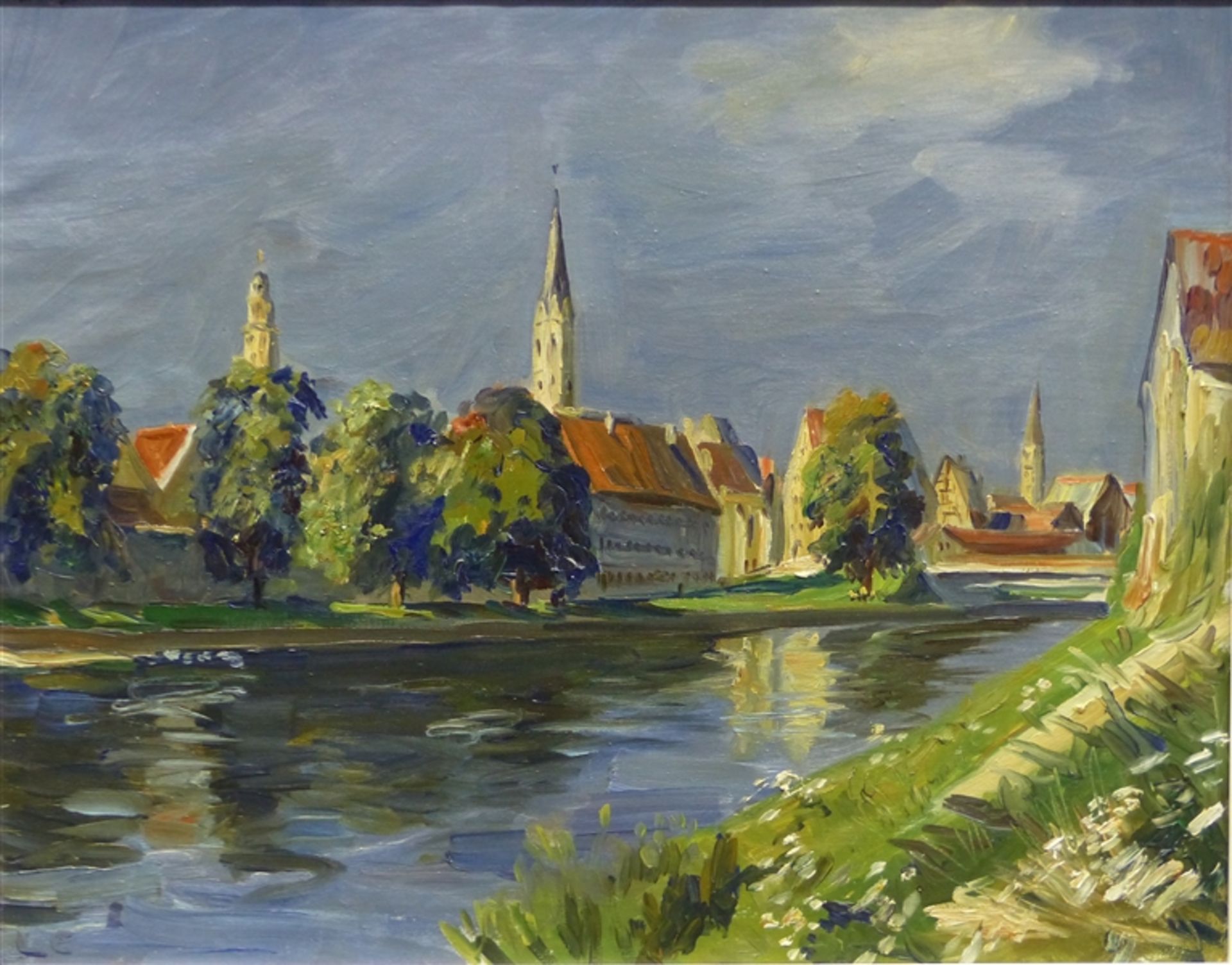 Lettl, Wolfgang 1919 - 2008 Augsburg, Öl auf Leinwand, Stadtansicht mit Kirche am Fluss, links unten