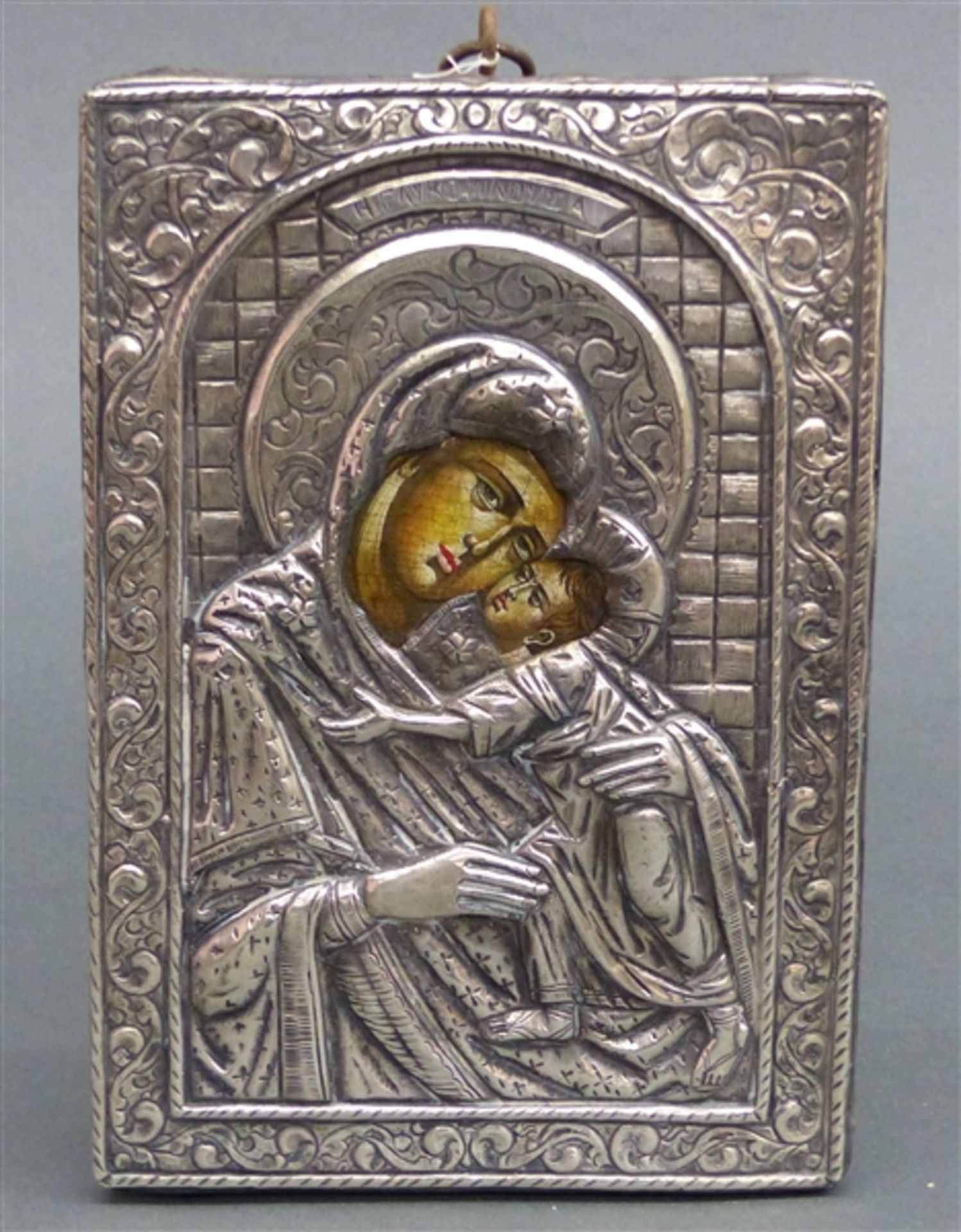 Ikone Kupferoklad, versilbert, Russland, um 1900, Mutter Gottes mit Jesuskind, 19 x 14 cm,
