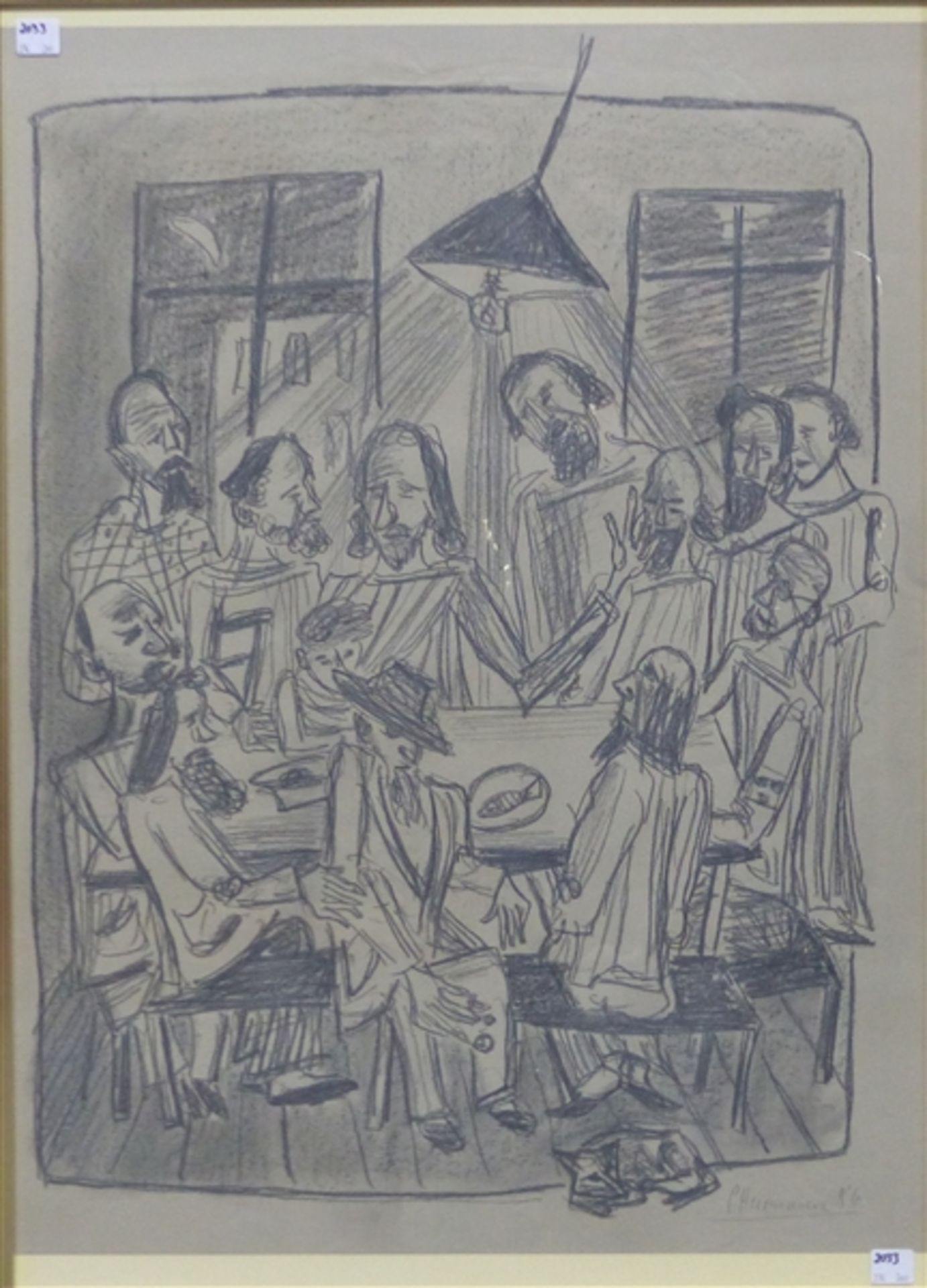 Herrmann, Peter geb. 1937, Kohle- und Bleistiftzeichnung, Moderne Auffassung des letzten Abendmahls,