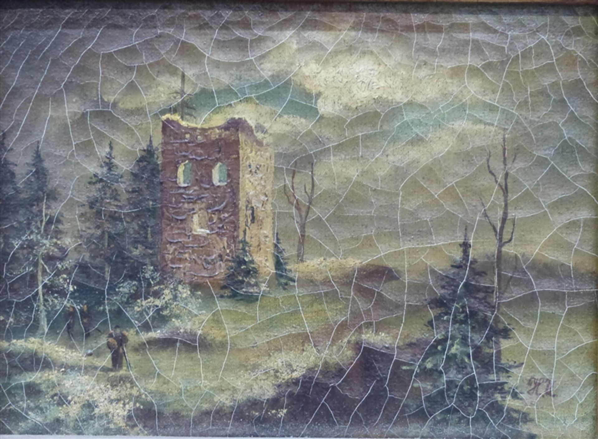 Monogrammist H U Öl auf Leinen, Winterlandschaft mit Burgruine und Person, rechts unten