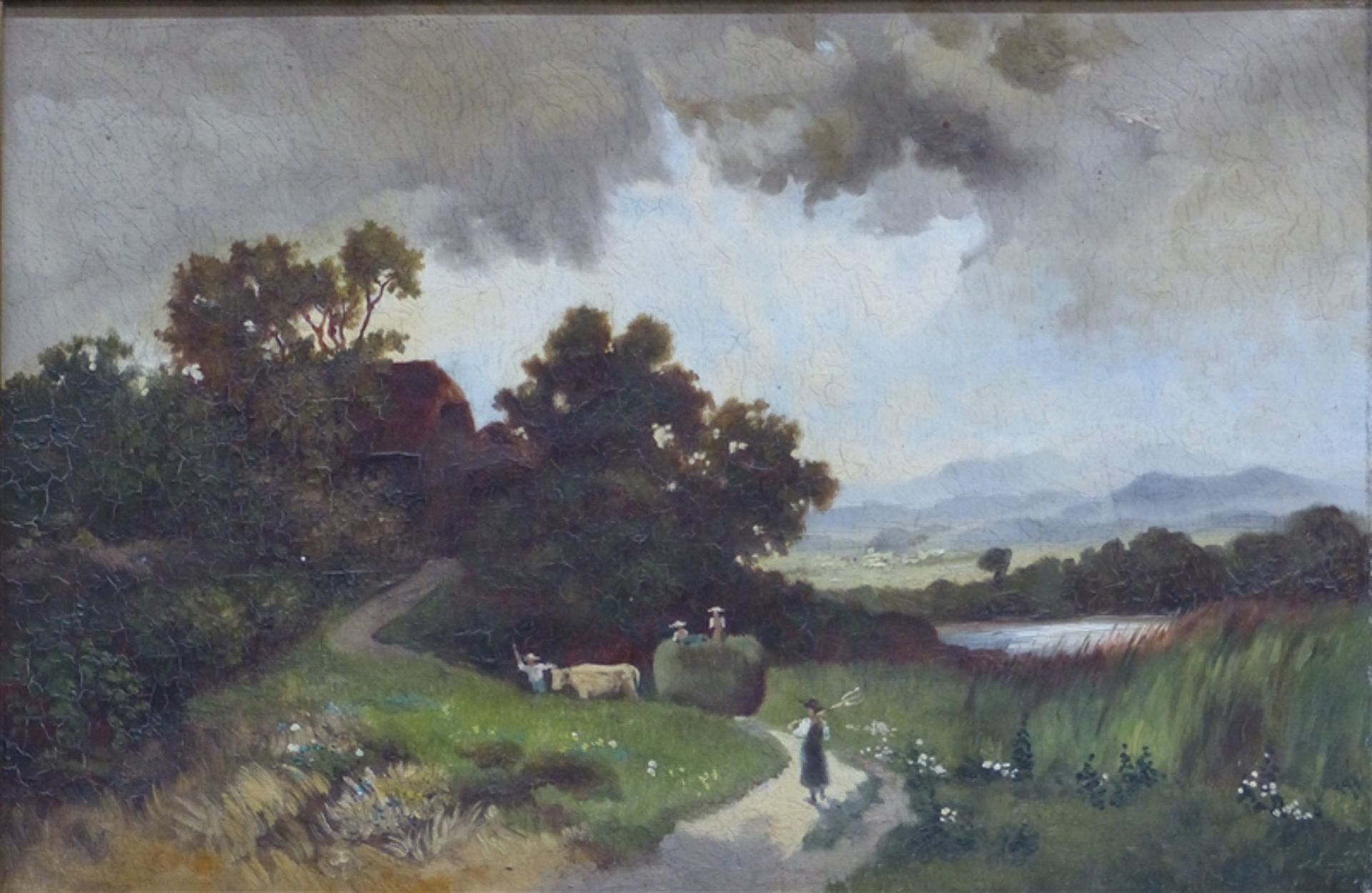 Deutsch, um 1900 Öl auf Leinen, Sommerlandschaft in Gewitterstimmung, im Vordergrund Bauern bei