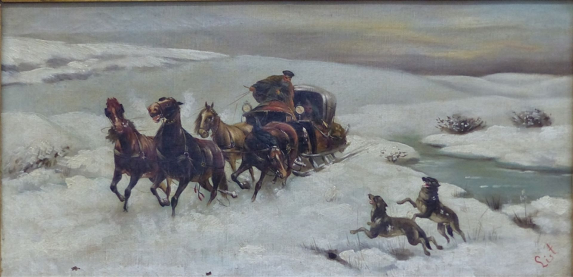 List, ?, um 1900 Öl auf Leinen, Pferdeschlitten in Winterlandschaft, rechts unten signiert, 26,5 x