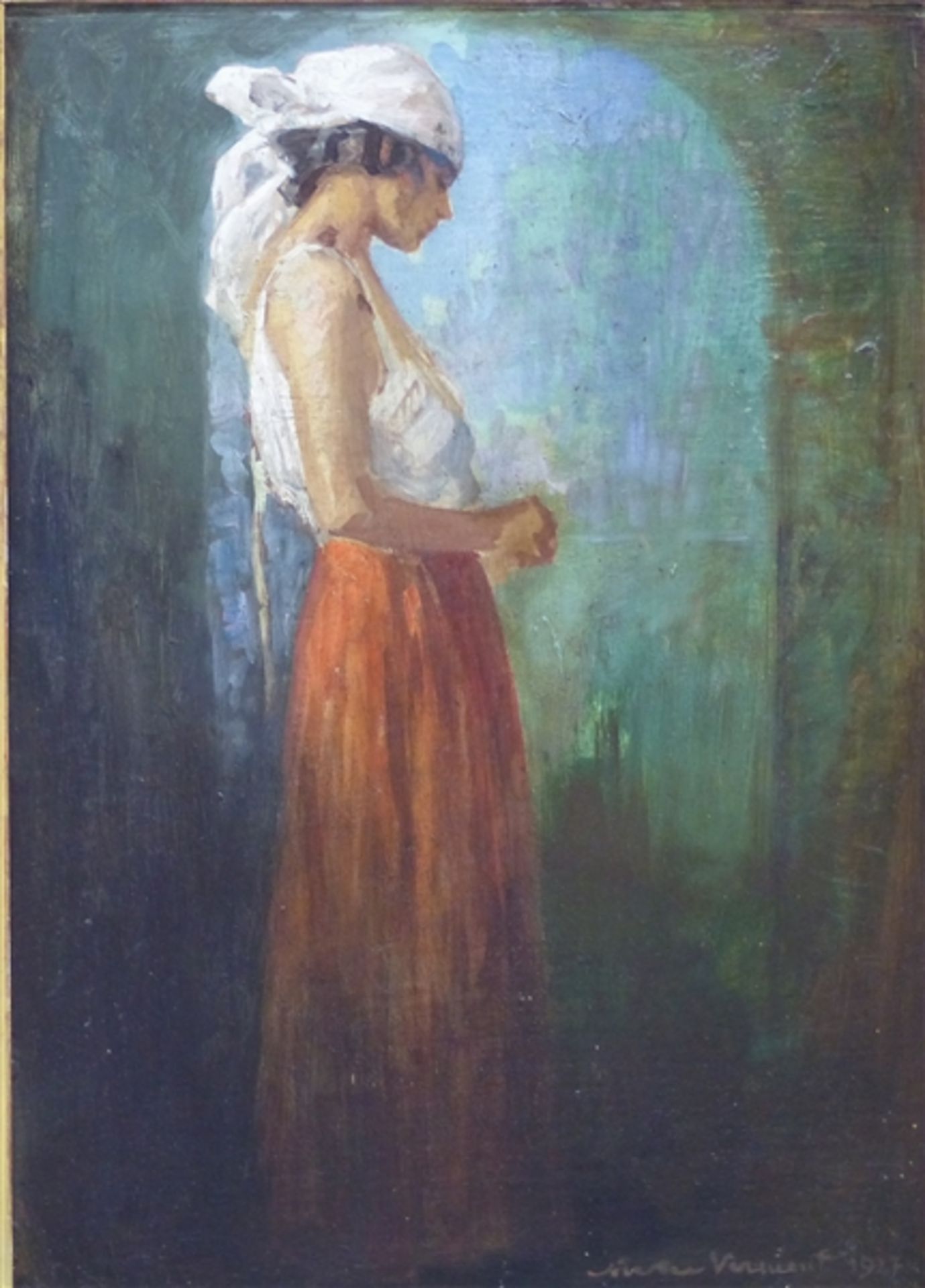 Unbekannt, 20. Jh. Öl auf Malerpappe, "Mädchen am Torbogen", unleserlich signiert, 48 x 34 cm, im