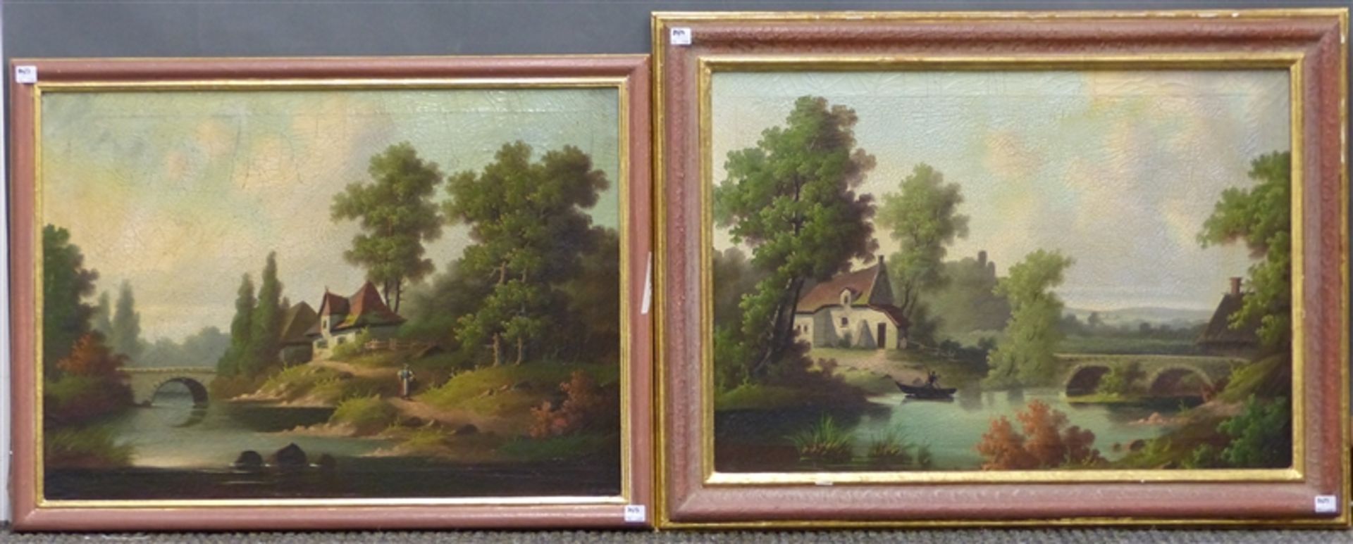 Deutsch, 19. Jh. Öl auf Leinen, Paar Gemälde, Sommerlandschaften mit Häusern und Brücken am Fluss,