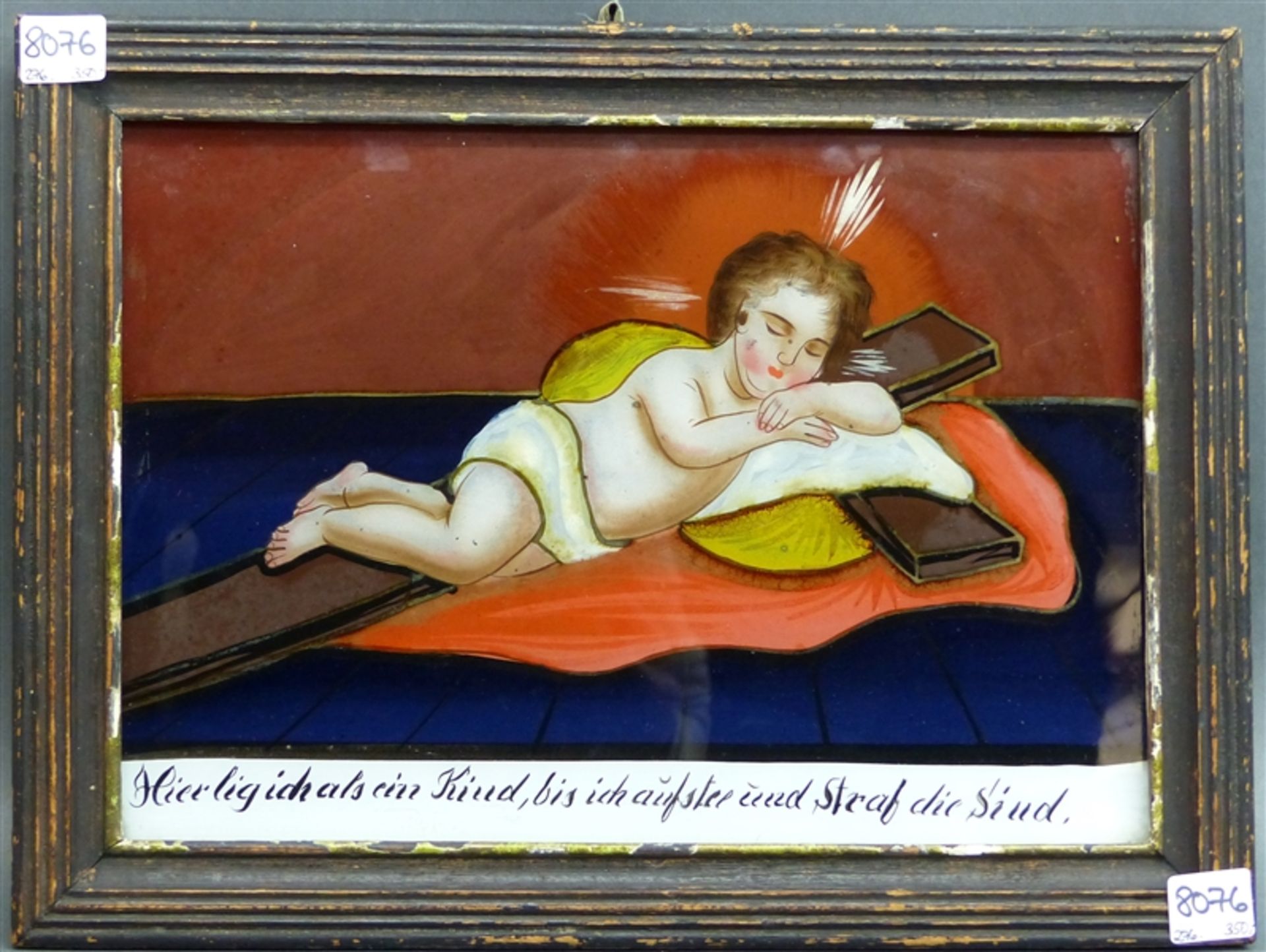 Hinterglasbild, um 1800 Süddeutsch, schlafendes Jesuskind auf Holzkreuz, gute Arbeit, 20 x 27 cm, im