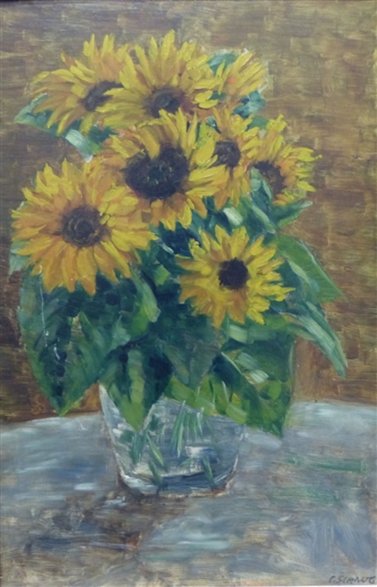 Schung, C. Öl auf Malerpappe, Sonnenblumen in einer Glasvase, rechts unten signiert, 48 x 32 cm,