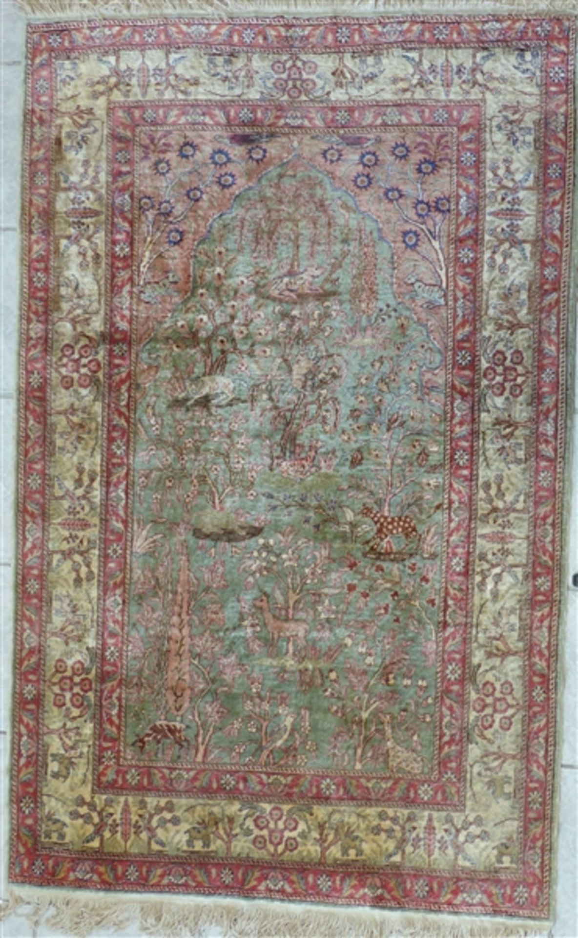 Kayseri Türkei, Seide, pastellfarben, Tier- und Baummotive, 160 x 102 cm,