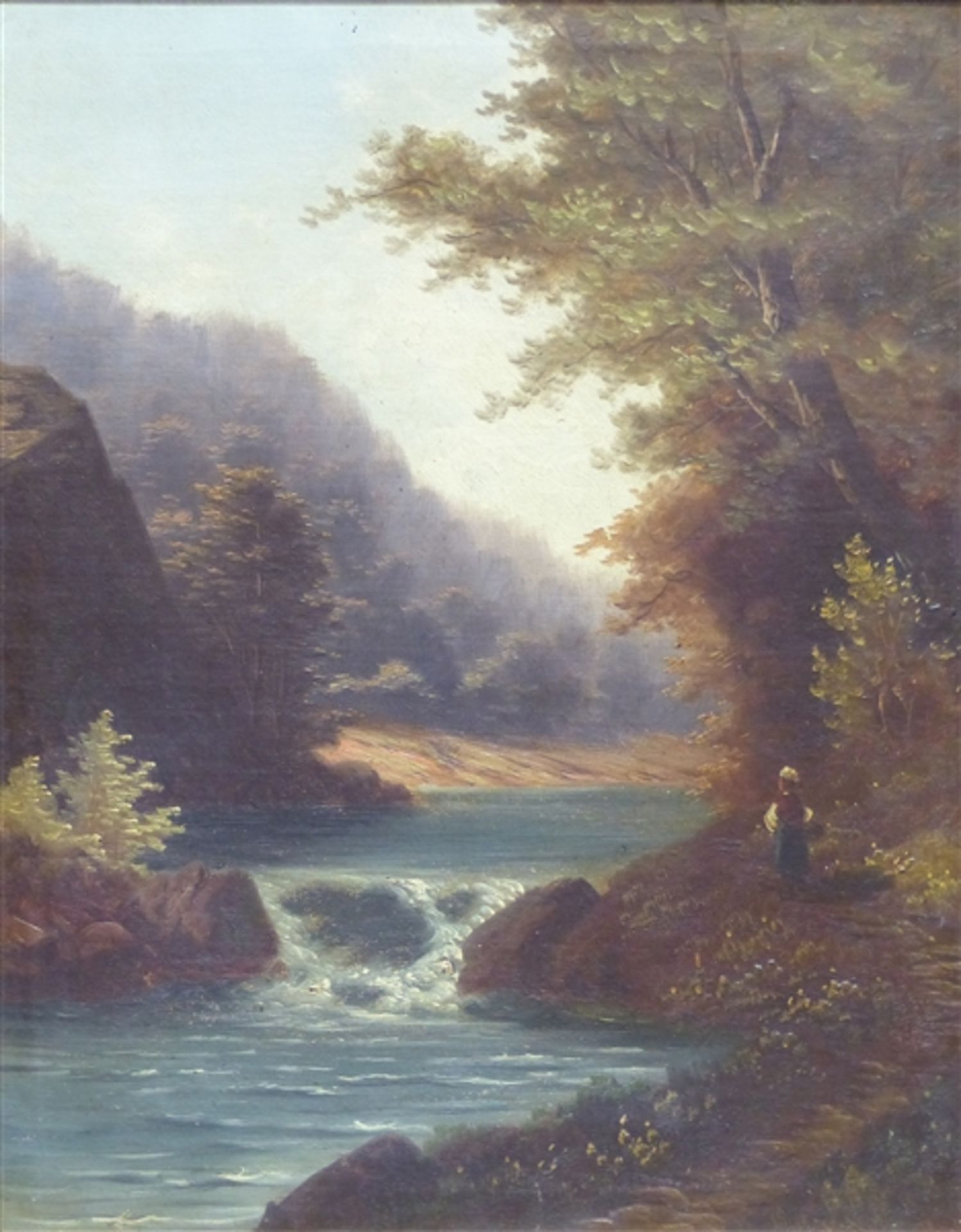 Landschaftsmaler Öl auf Leinen, Bachlandschaft mit Person am Waldrand, restauriert, 53,5 x 42 cm, im