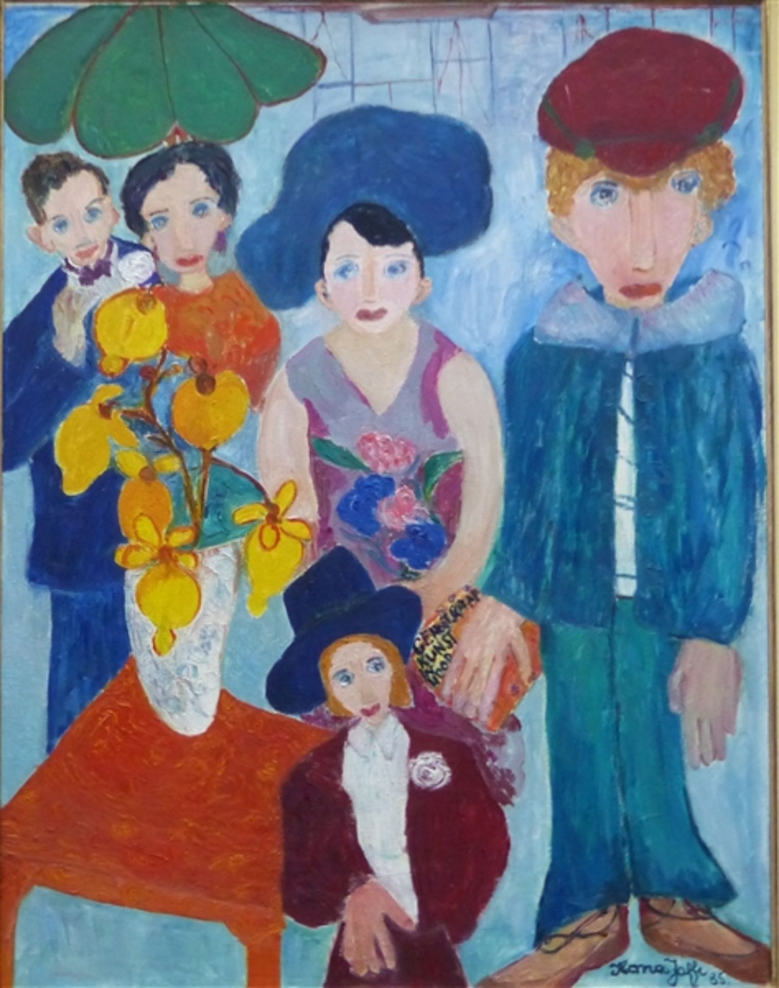 Jaffe, Ilona geb. 1925, Öl auf Leinen, Familie mit Blumen und Hüten, rechts unten signiert und