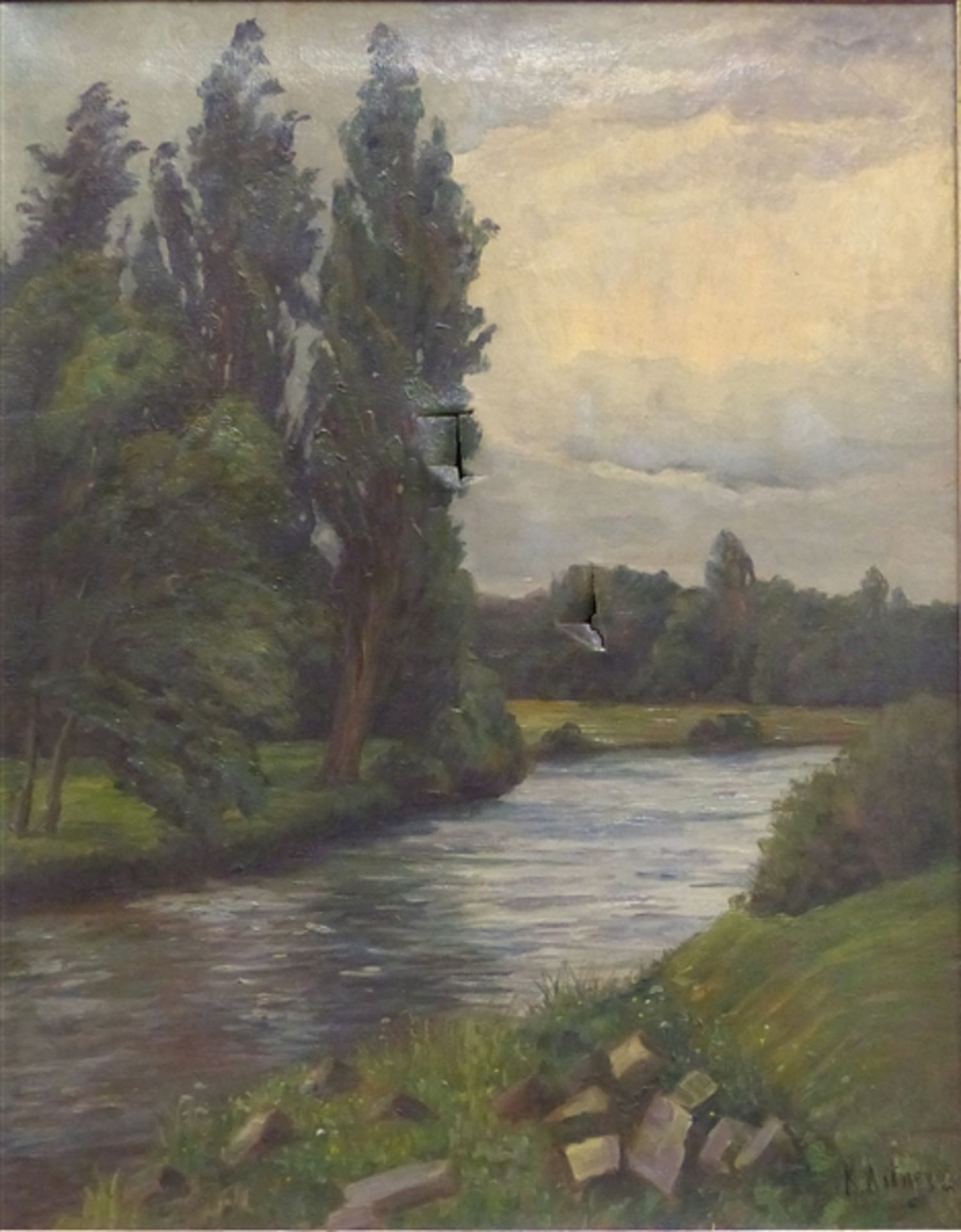 Astner, K. Öl auf Leinen, Flusslandschaft, rechts unten signiert, stark beschädigt, 72 x 57 cm, im