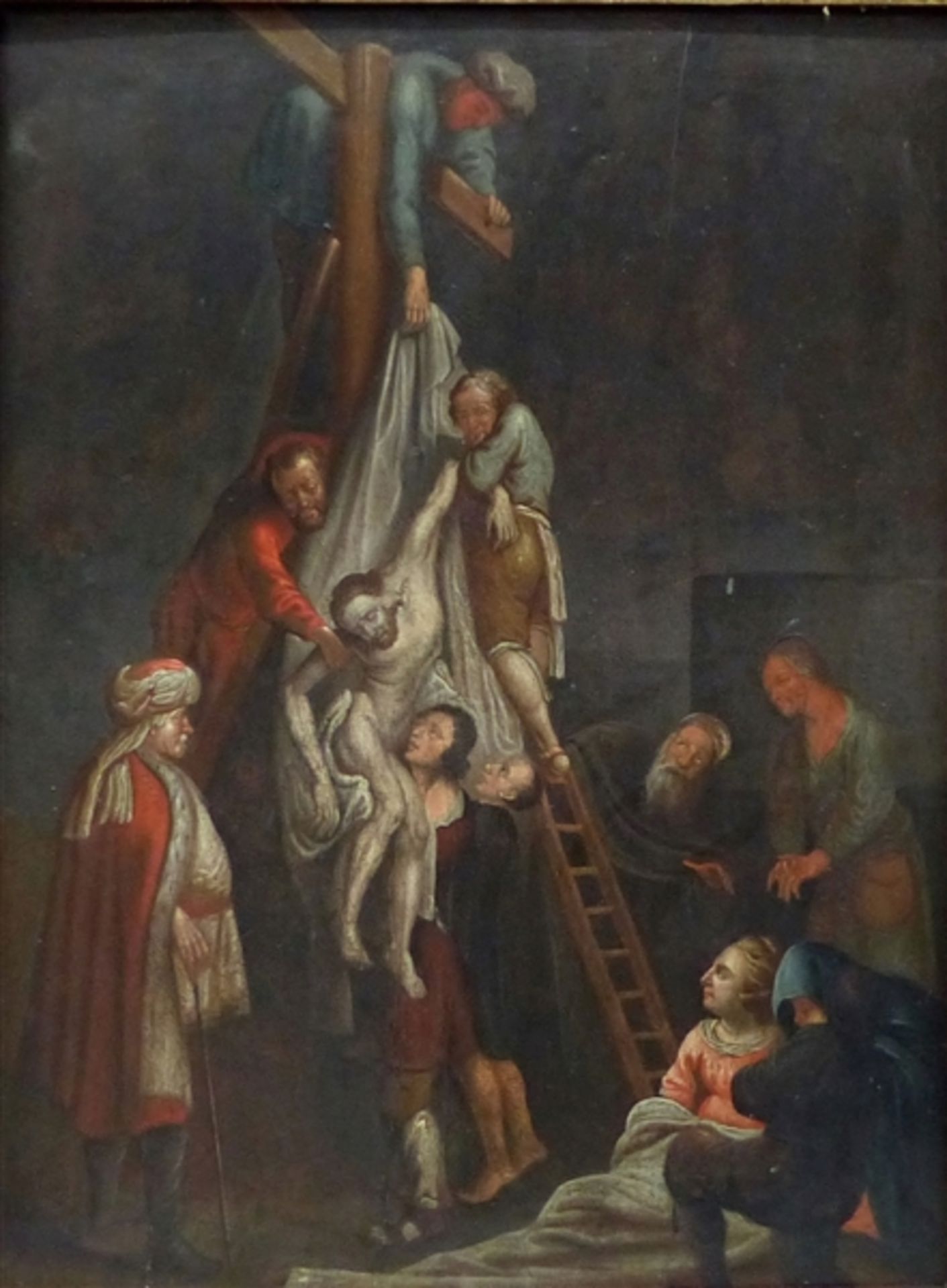 Deutsch, 18. Jh. Öl auf Holz, Kreuzabnahme Christi mit zahlreichen Personen, 53 x 40 cm, im Rahmen,