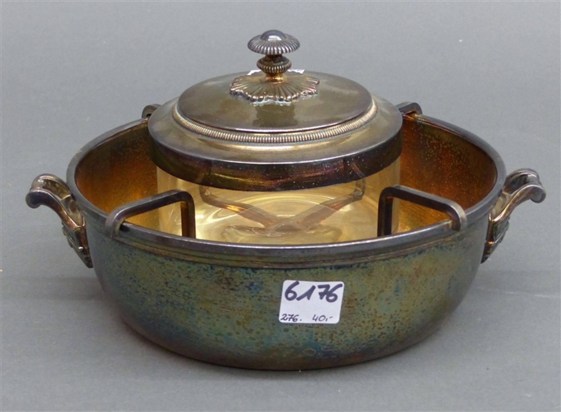 Kaviarschale Metall, versilbert, mit Glaseinsatz, Christofle, France, rund, d 19 cm,