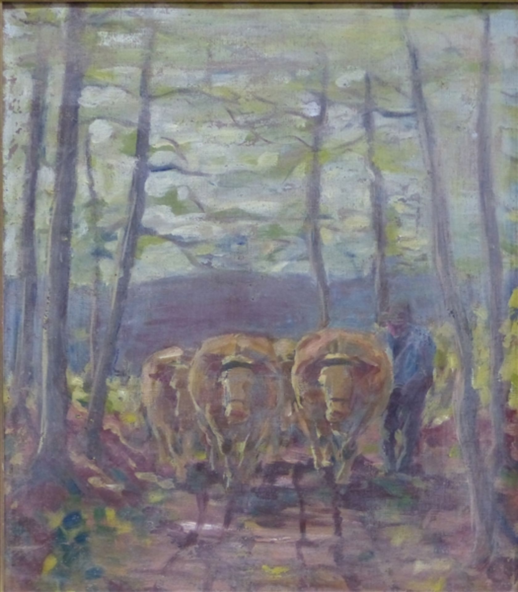 Imressionist, 20. Jh. Öl auf Malerpappe, Bauer mit Ochsengespann im Wald, rückseitig beschriftet,