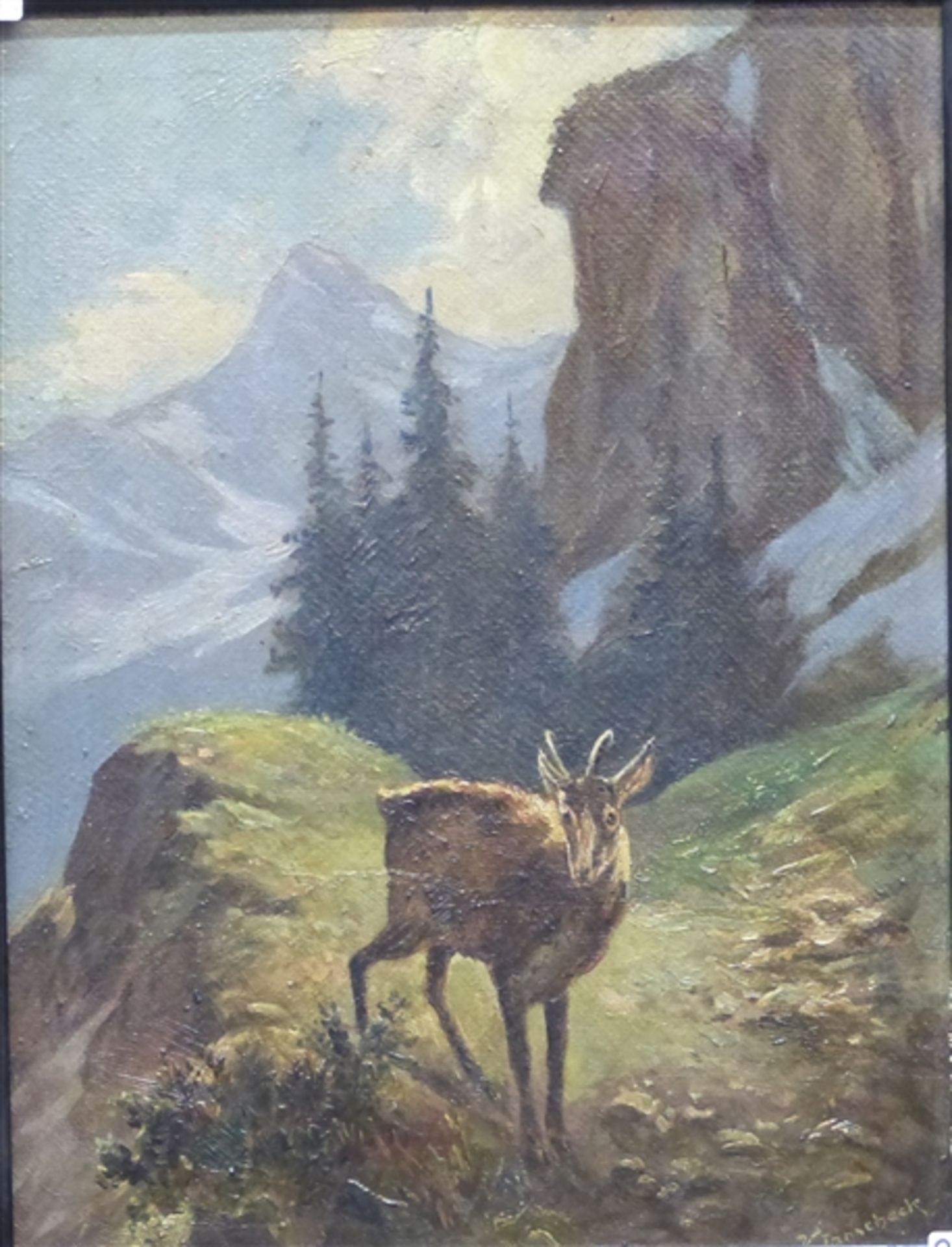 Janscheck, Valentin 1867 - 1947, Öl auf Malerpappe, Gebirgslandschaft mit Gamsbock, rechts unten