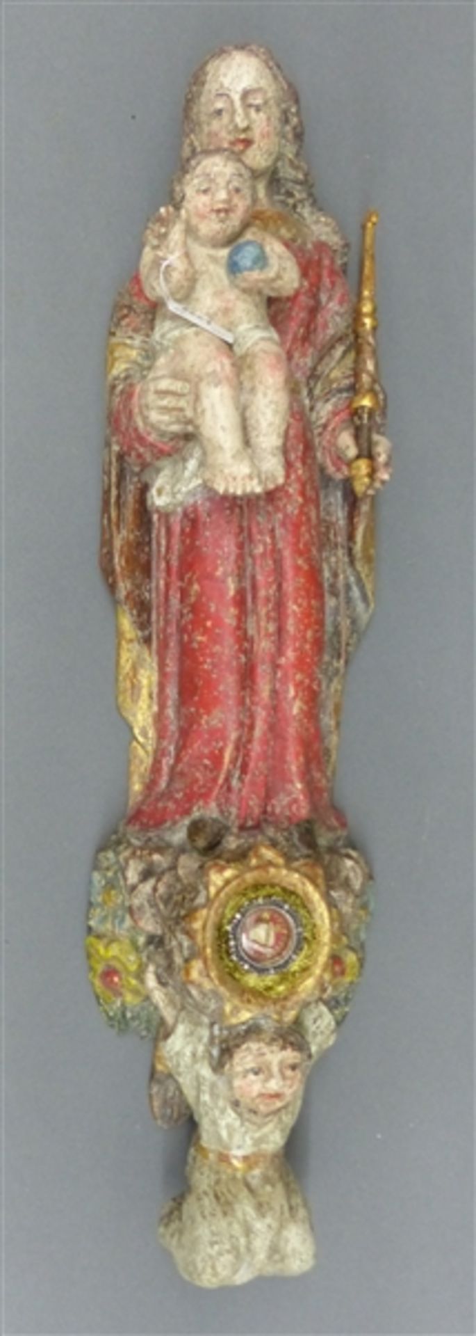 Holzskulptur Italien, 1. Hälfte 20. Jh., gefasst, vergoldet, Madonna mit Jesuskind, mit Reliquie (